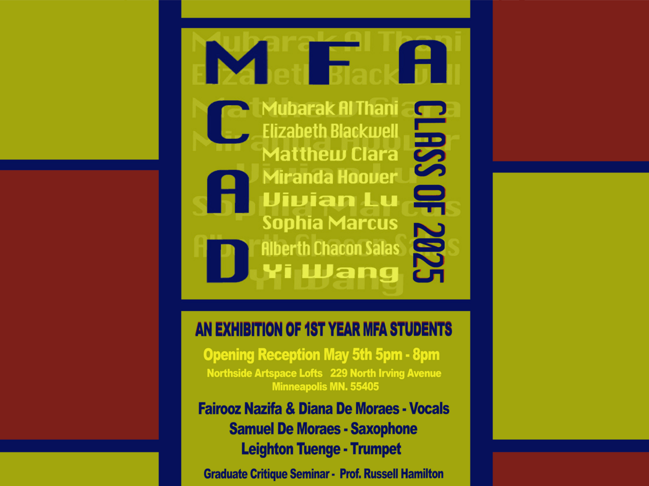 An image of a poster promoting the MCAD MFA class of 2025 exhibition.