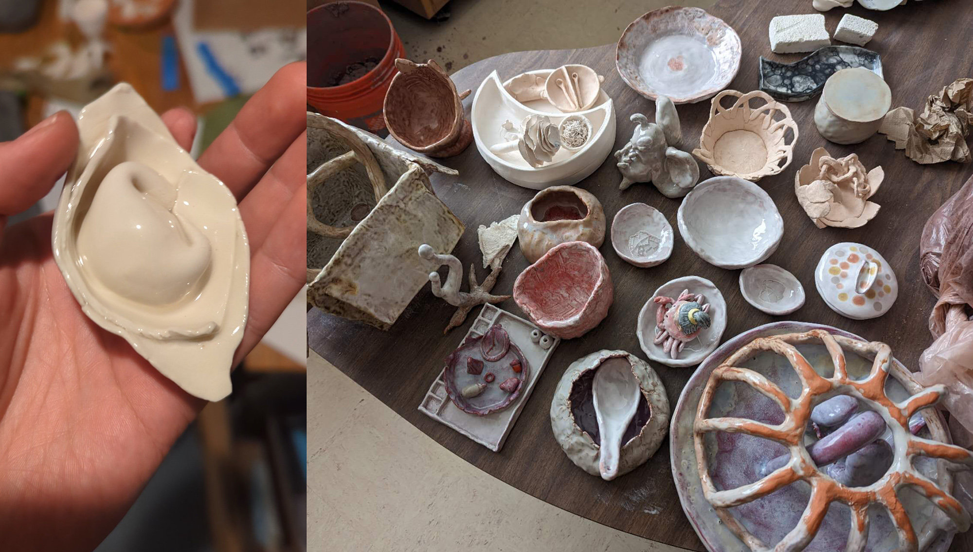 Two images, both of ceramics. Left image is a hand holding a ceramic dumpling, right image is an assortment of various other ceramic objects.