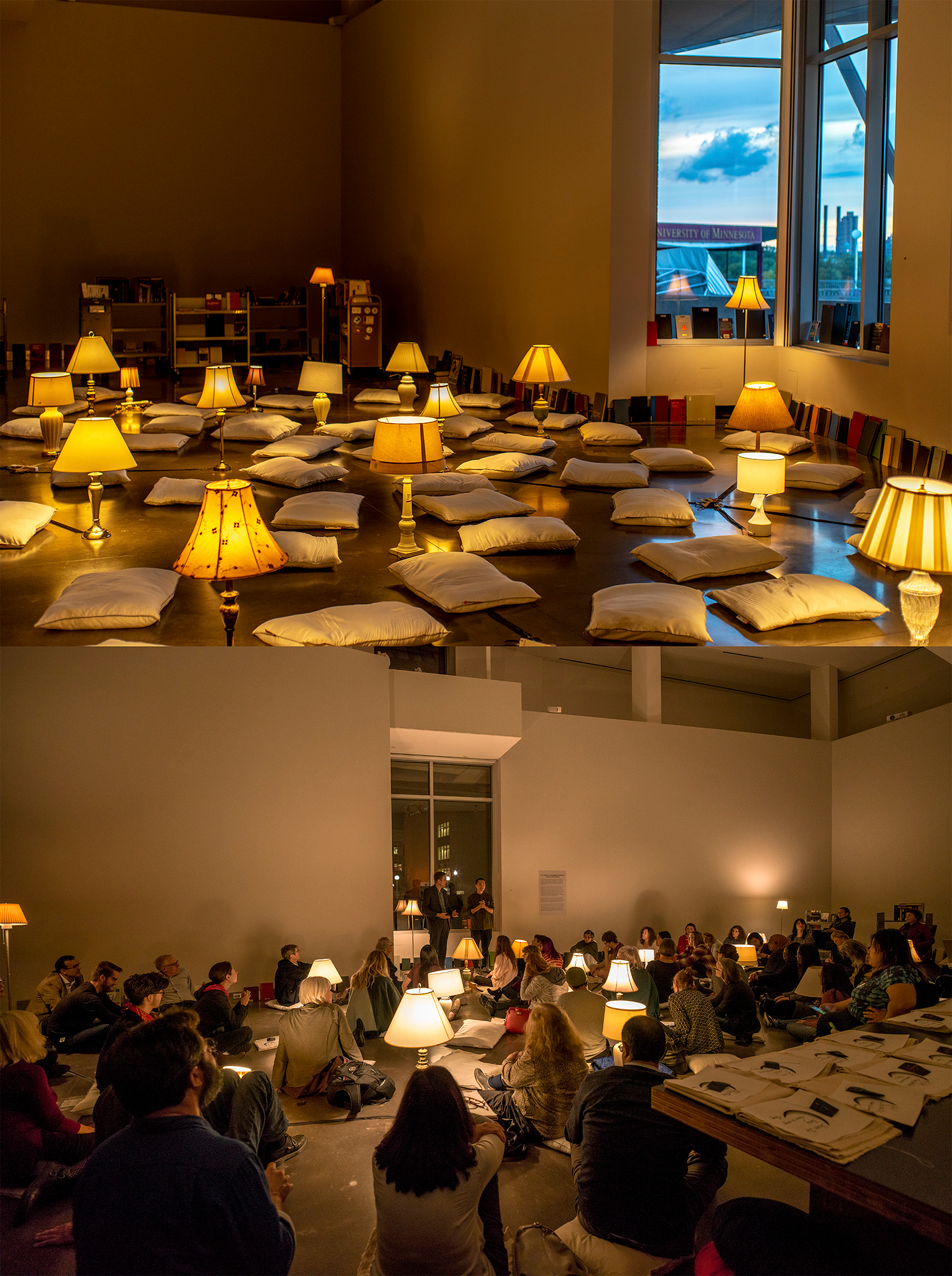 Two images, the top image is of a floor with well-placed pillows and lamps, the bottom image is of people in that same room.