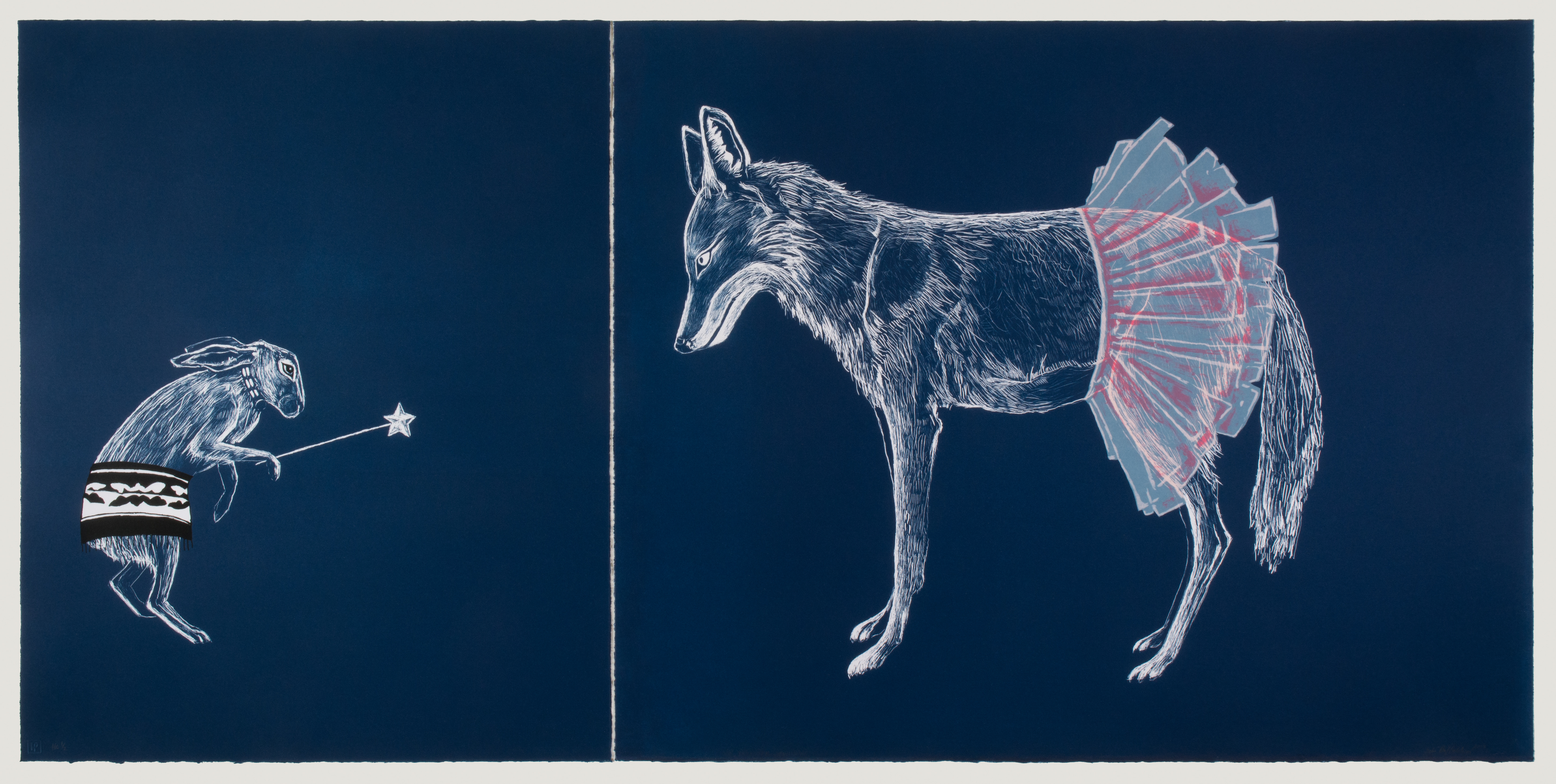 Julie Buffalohead, The Trickster Showdown, lithograph on paper, 2015. Photo credit: David Kern