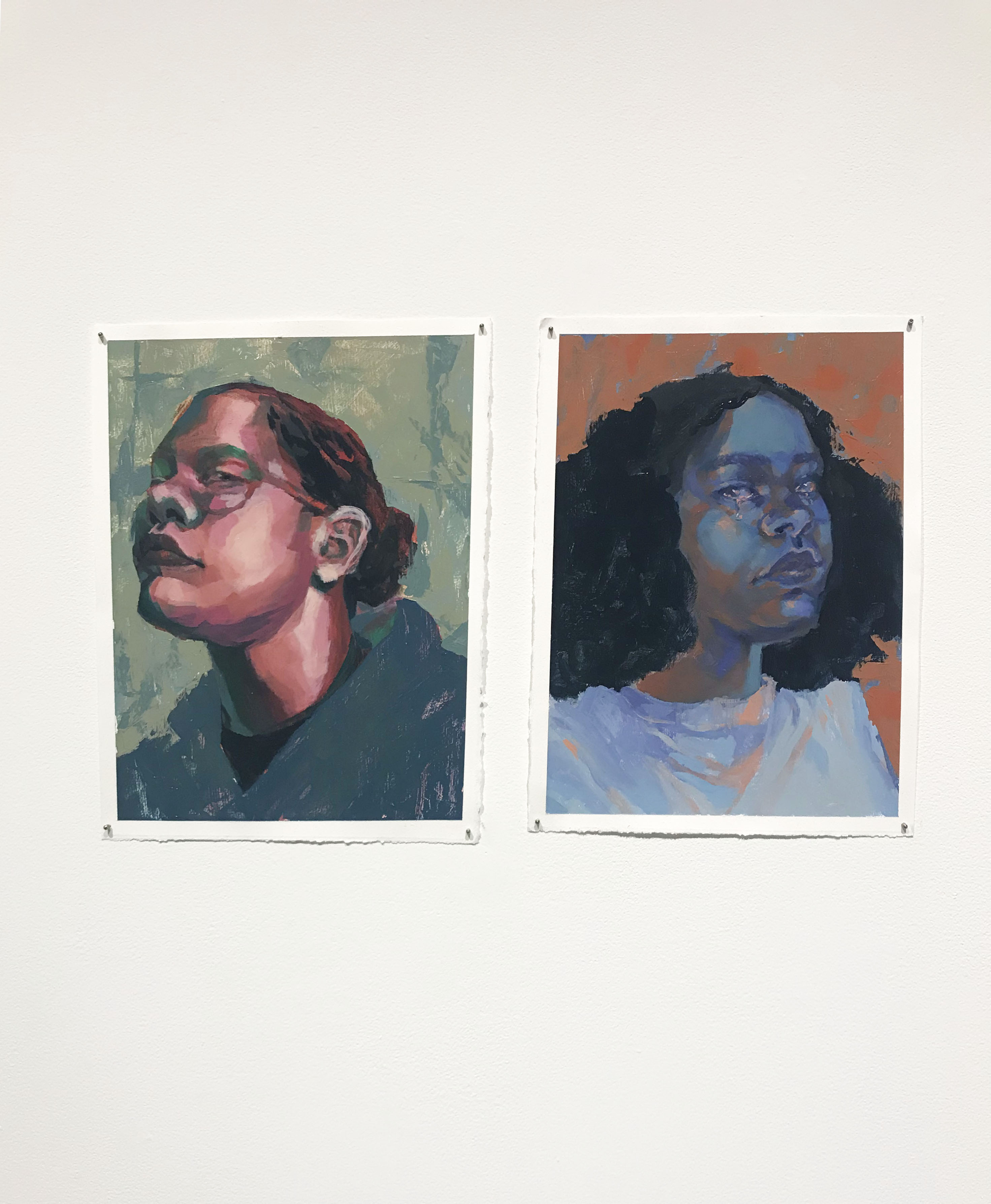 Painting student work featuring a diptych of two portraits of the same artist. Left image is warm tones, right image is cool tones. 
