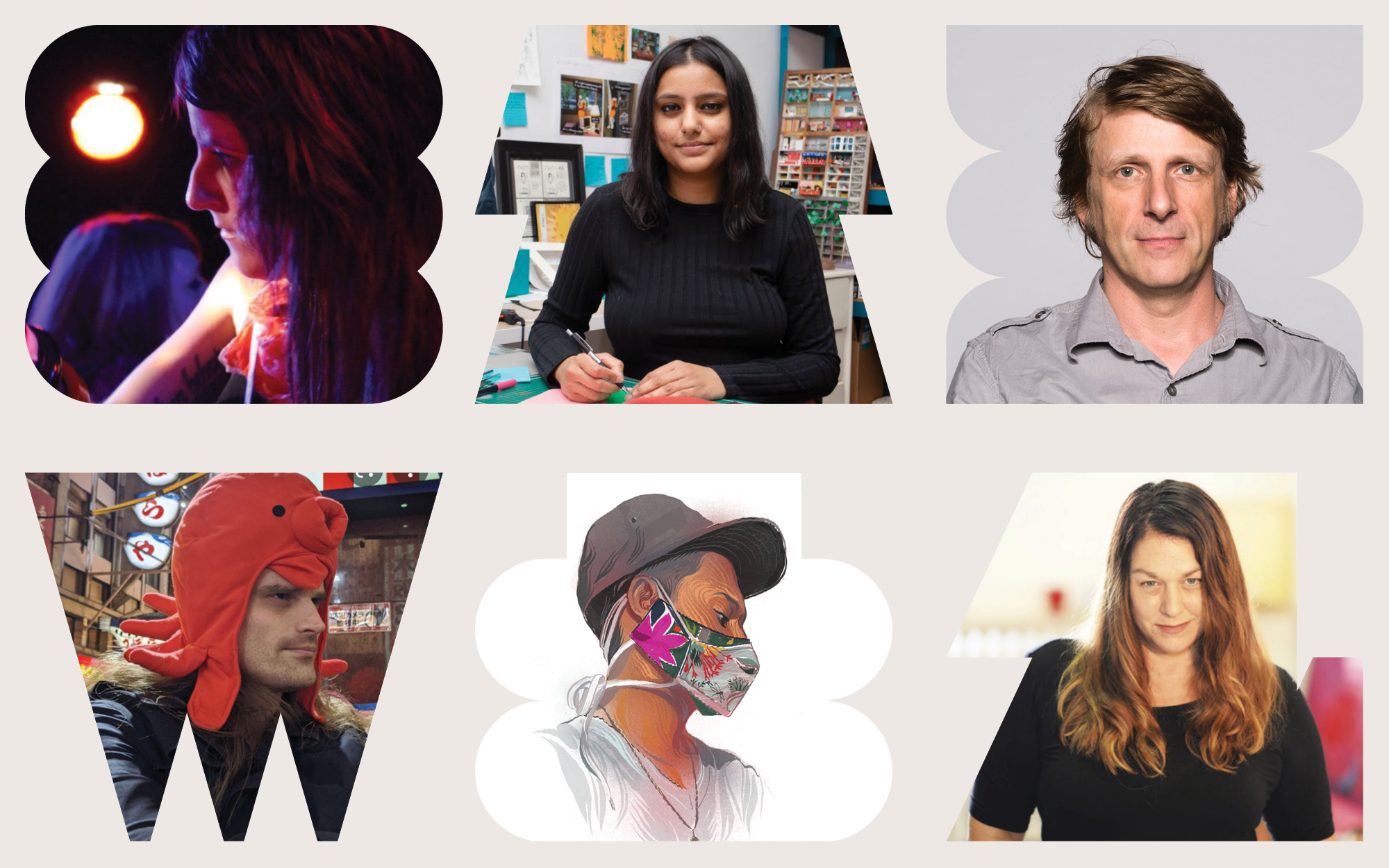 Portraits of (L-R): Laura Fulk, Roshan Ganu, Piotr Szyhalski, Amit Tishler, Andres Guzman, Julie Buffalohead