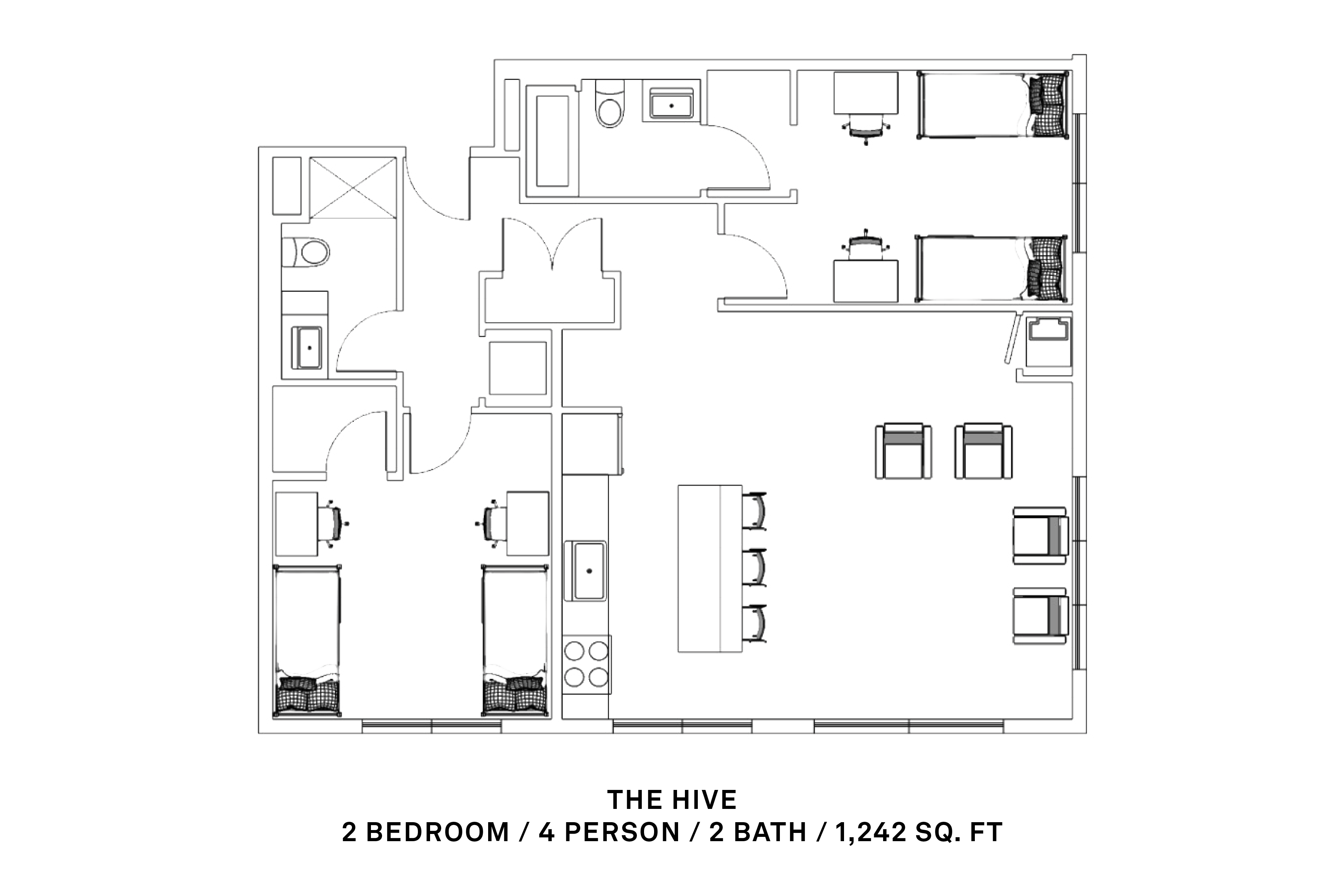 2 bedroom, 4 person, 2 bath; 1242 sq ft