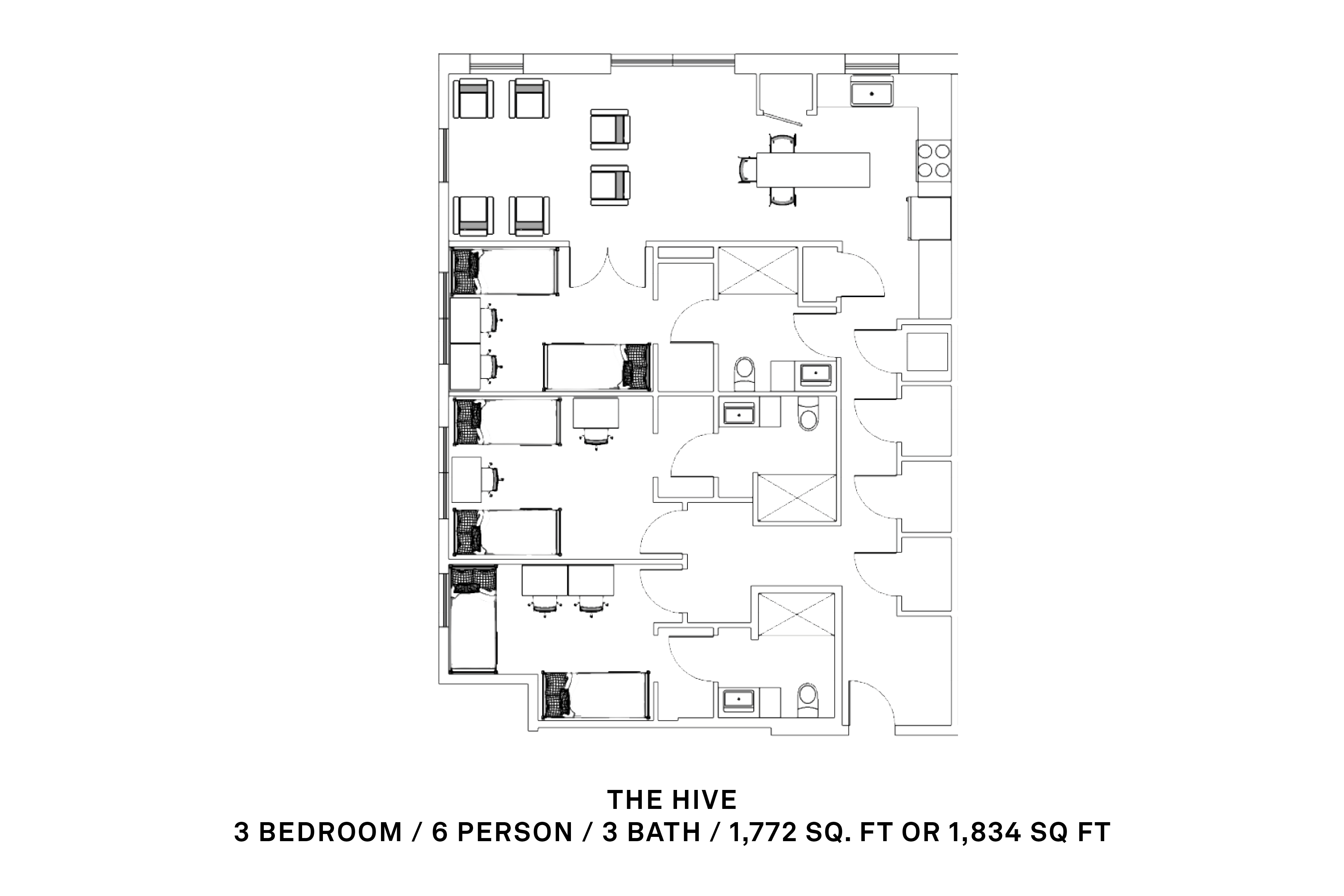 3 bedroom, 6 person, 3 bath; 1,772 sq ft or 1,834 sq ft