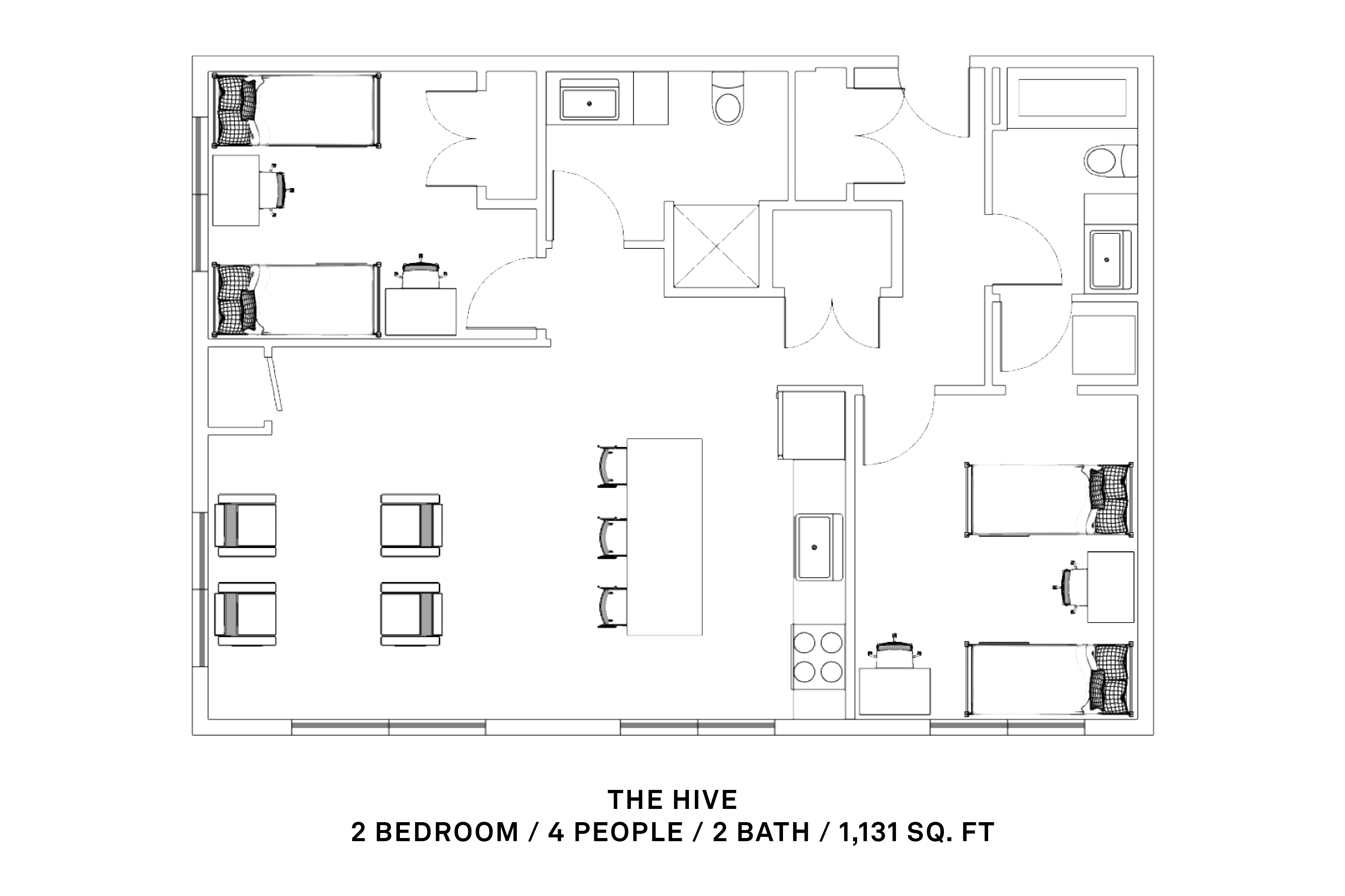 2 bedroom, 4 person, 2 bath; 1,131 sq ft