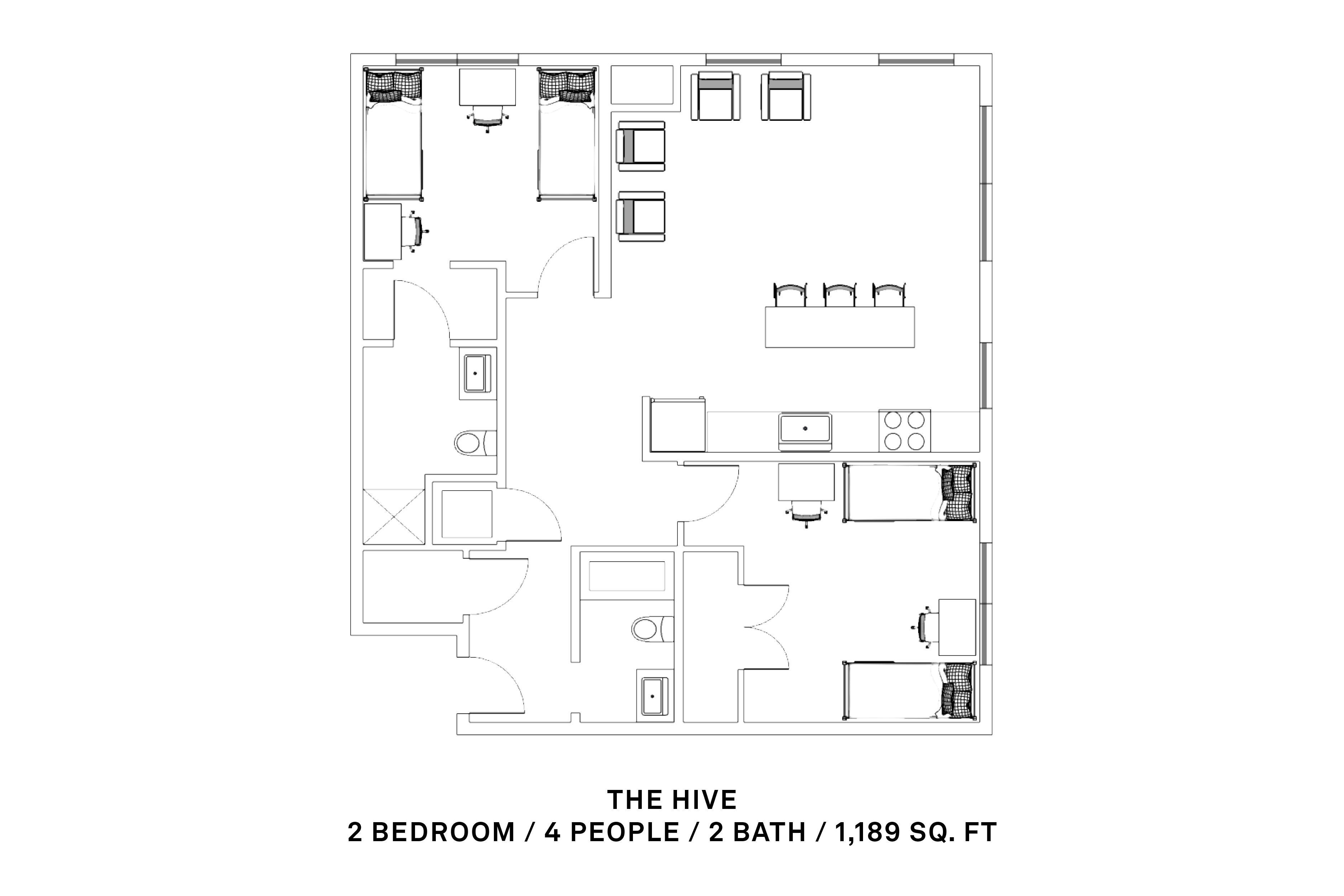 2 bedroom, 4 person, 2 bath; 1,189 sq ft