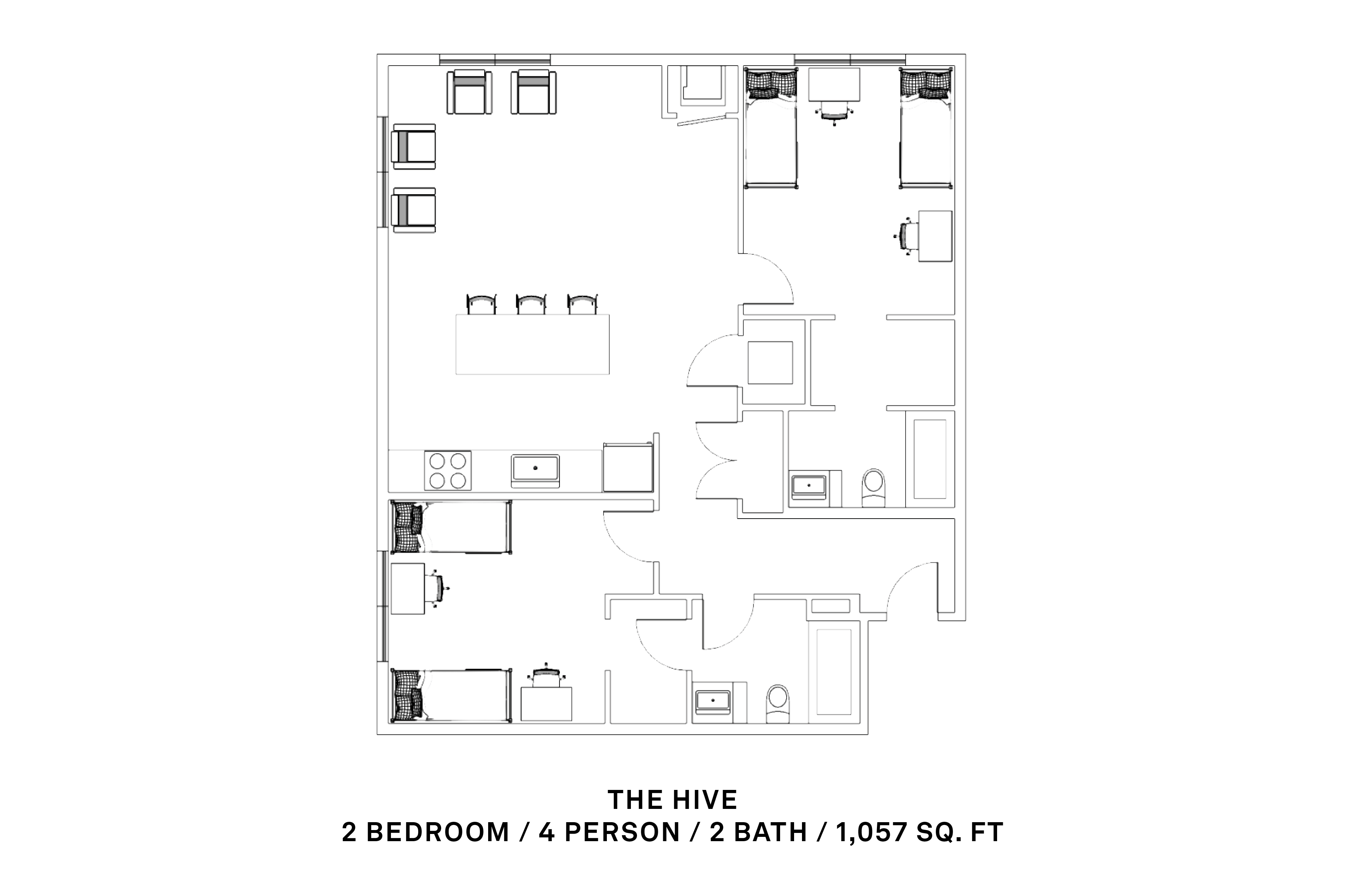 2 bedroom, 4 person, 2 bath; 1057 sq ft