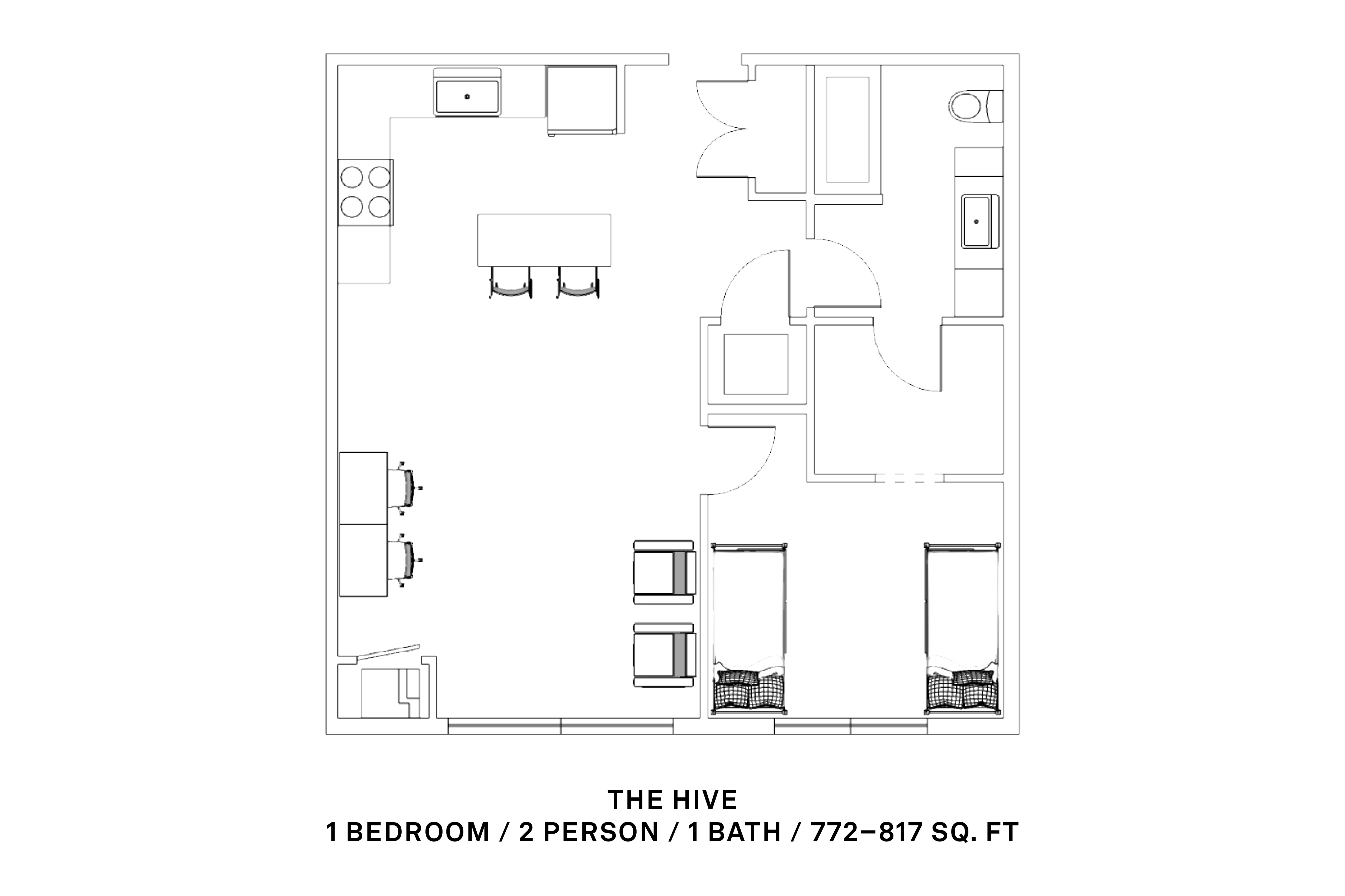 1 bedroom, 2 person, 1 bath; 772–817 sq ft