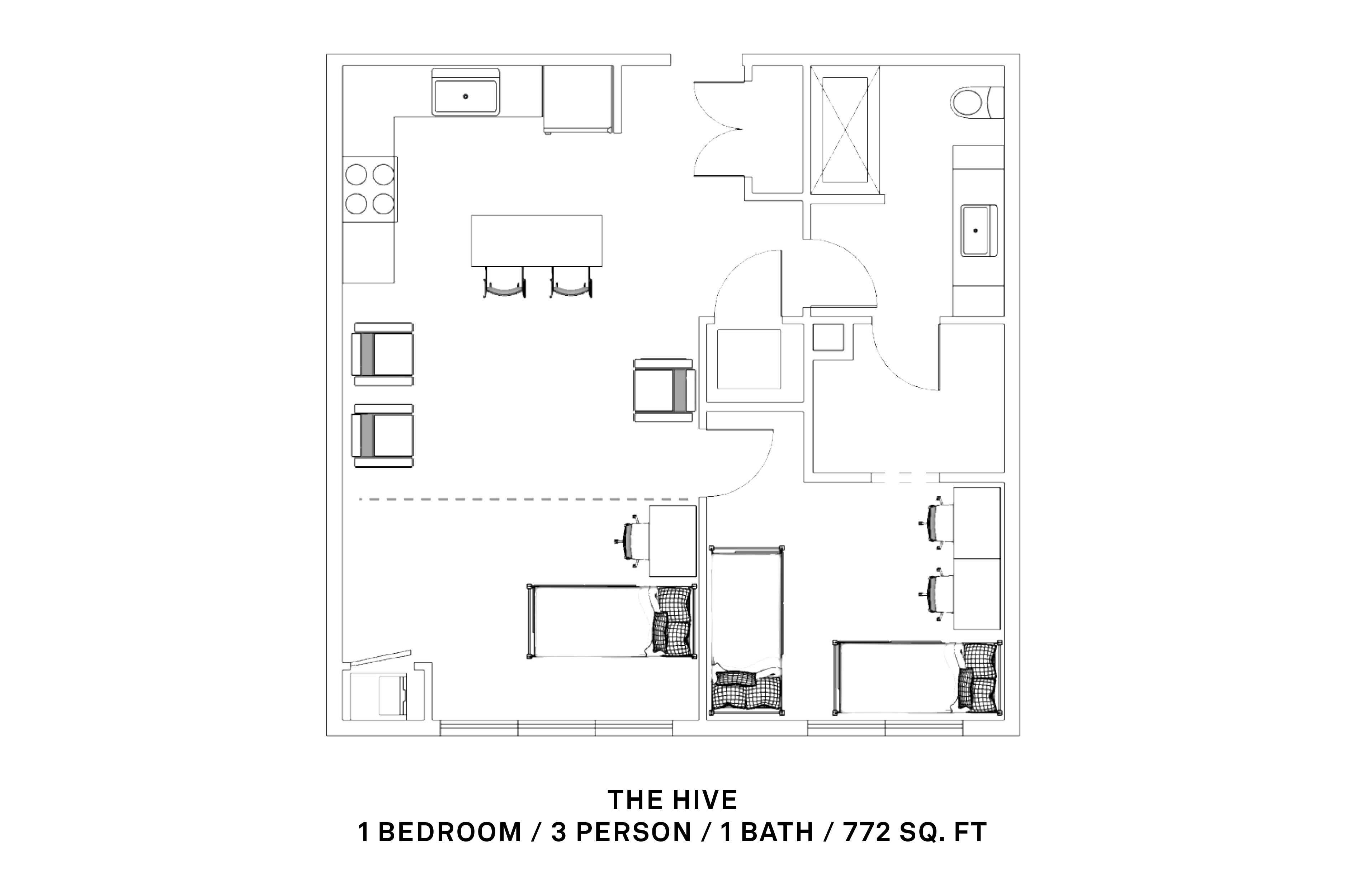 1 bedroom, 3 person, 1 bath; 772 sq ft