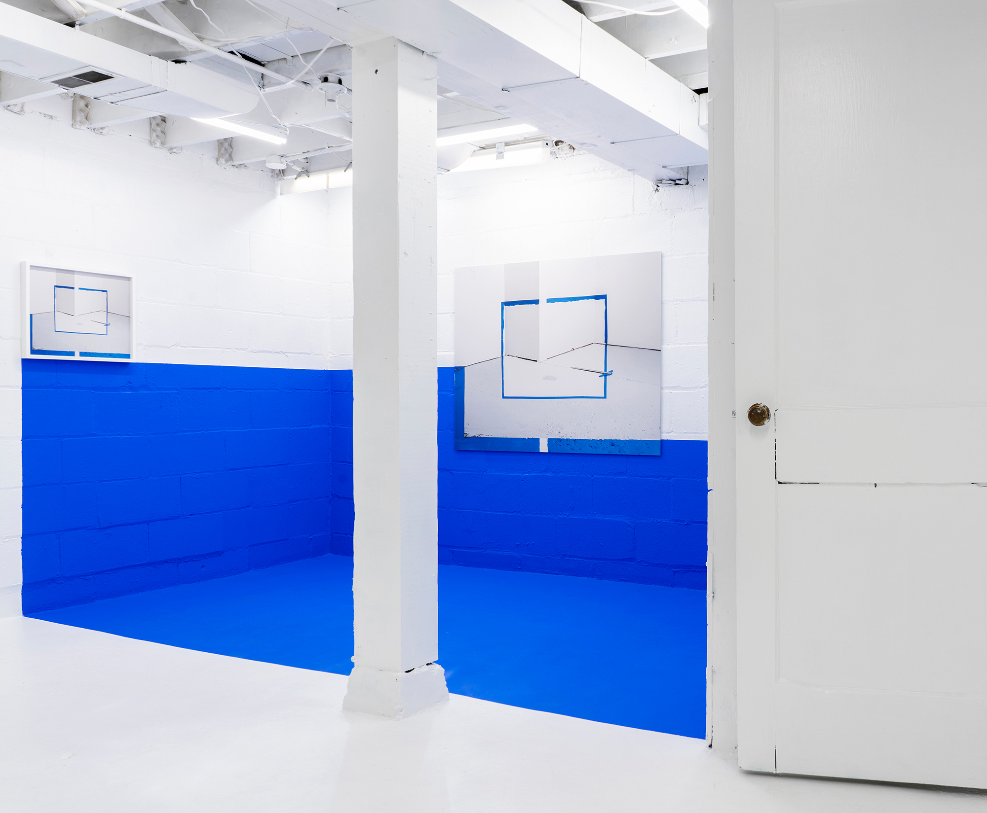 Untitled (blue T-square), 2020, Archival inkjet prints, Choroma key blue paint, 40 x 50 and 16 x 20 inches  Installation view, Interpolation, Hair + Nails Gallery. Photo credit: Meagan Marsh