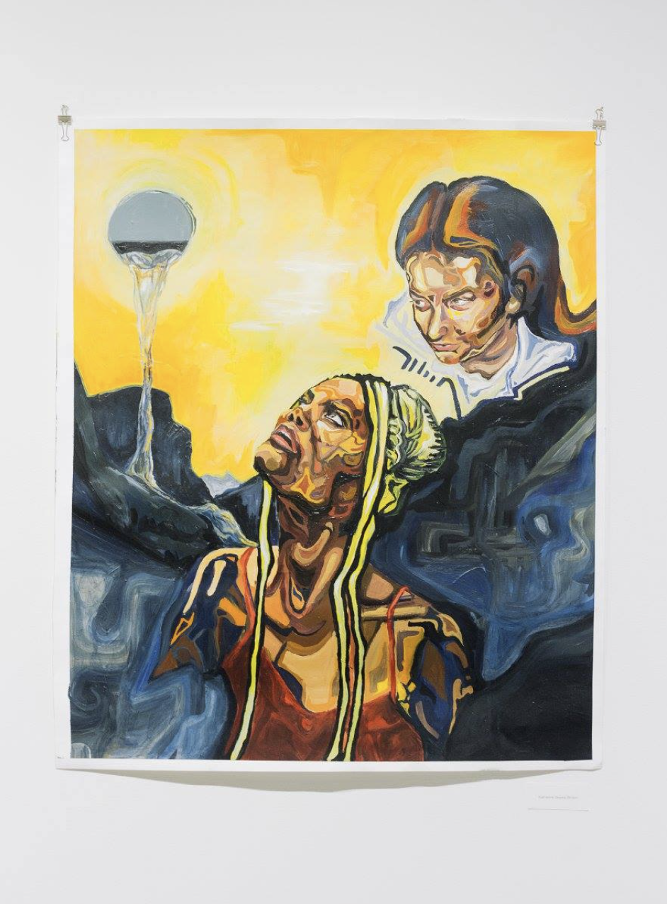 Painting student work featuring two figures and a yellow background on top with a blue/black background on the bottom.