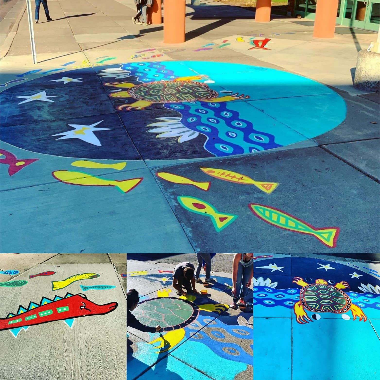 A collage of different images showcasing chalk-like ground murals.