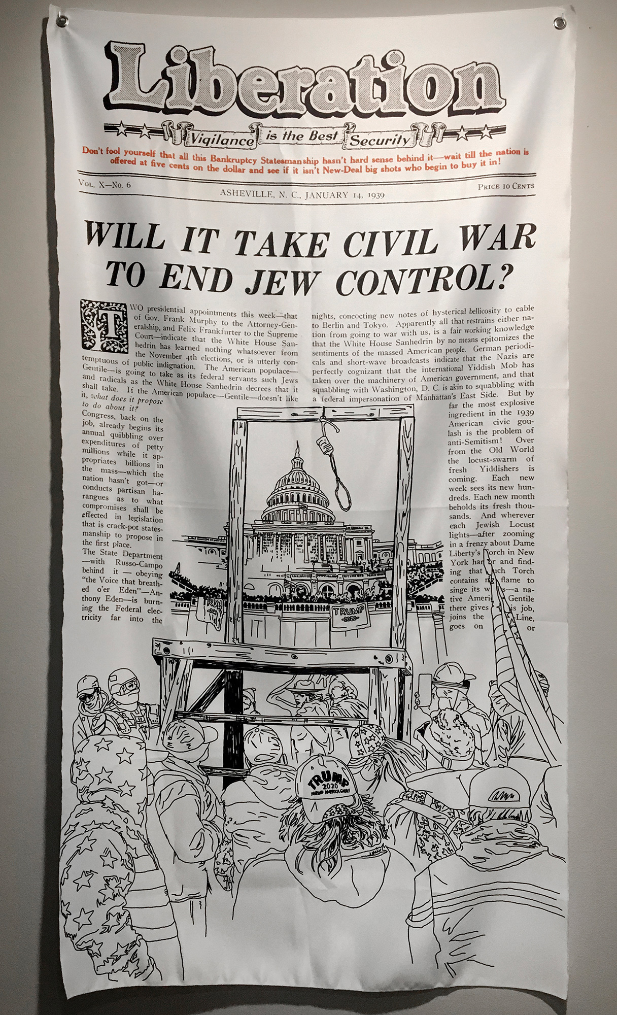 Banner print that says Liberation: will it take civil war to end jew control?