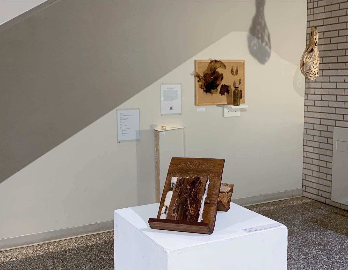 Installation of Vernon's work: artist book with bulletin board in the background