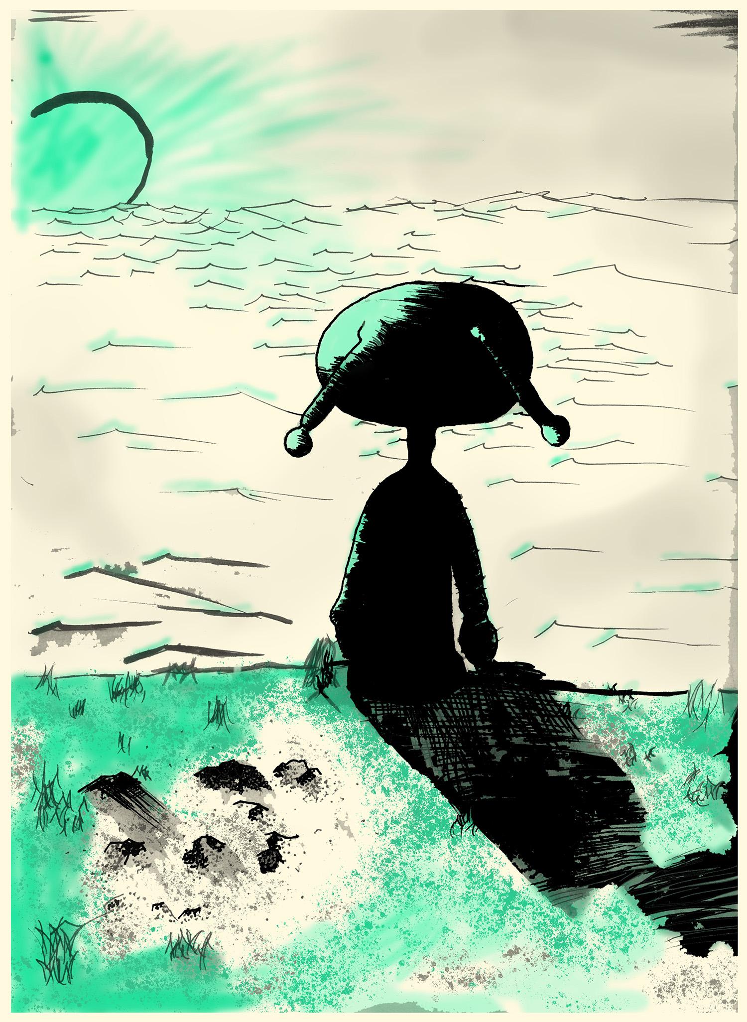 Illustration student work printed in green and black on cream paper. Image is of an alien sitting on a rough surface looking out over clouds.