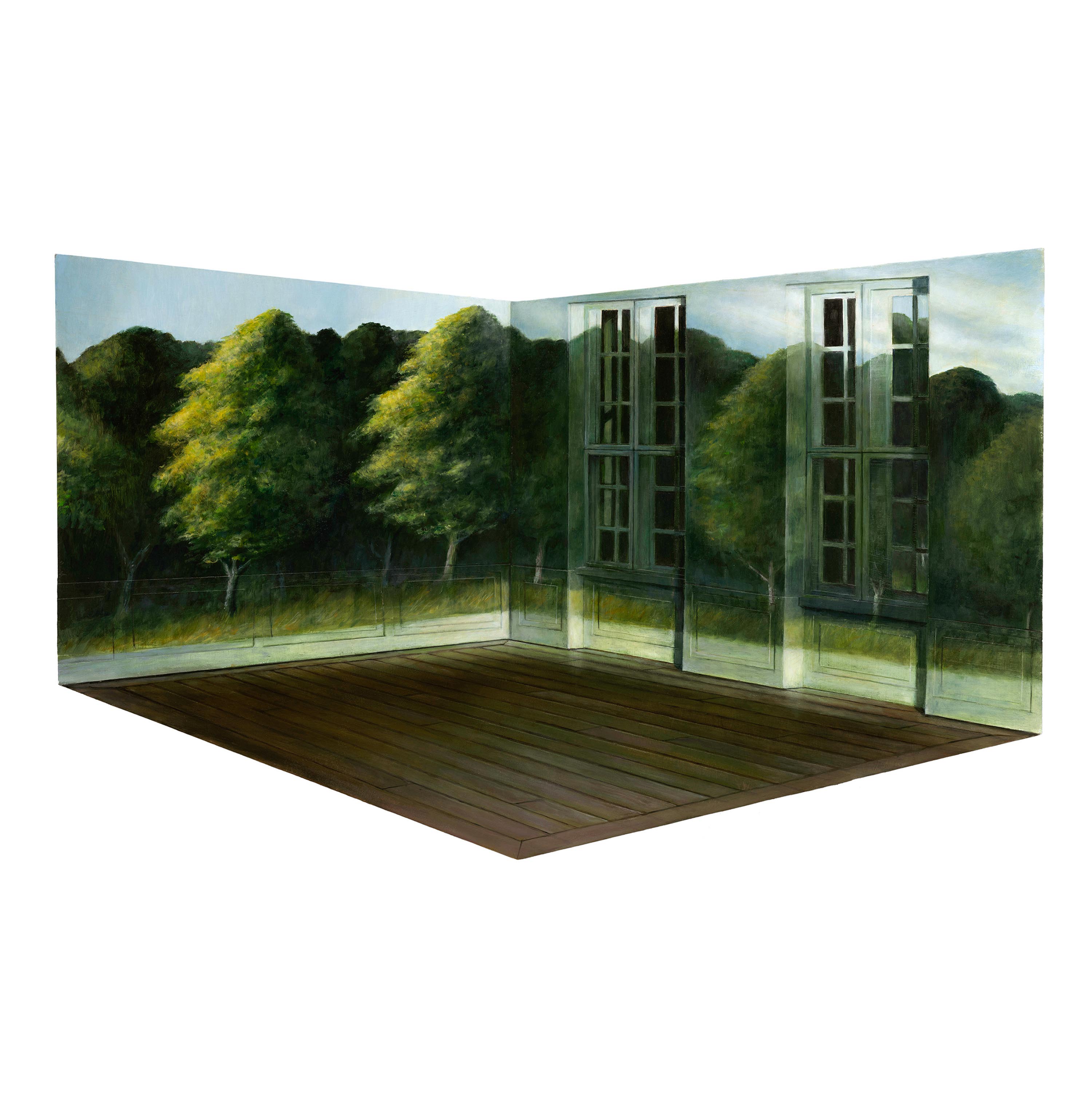 Michael Banning, Hopper’s “Road and Trees” Projected over a Model of Hammershøi’s Room, 2019, Oil on shaped and raised relief panel