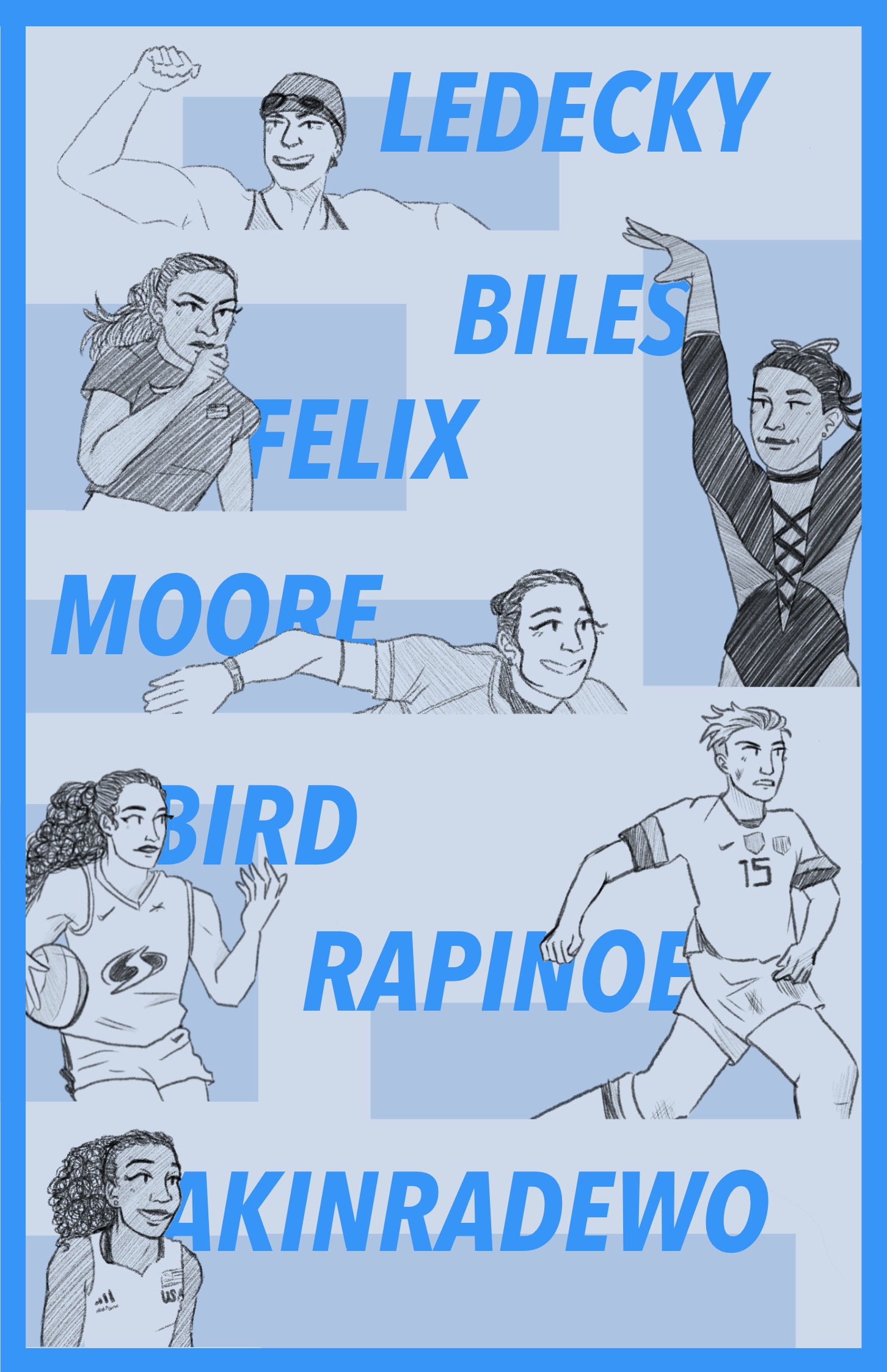 Poster in shades of blue with black drawings depicting Olympic athletes from the 2021 games.