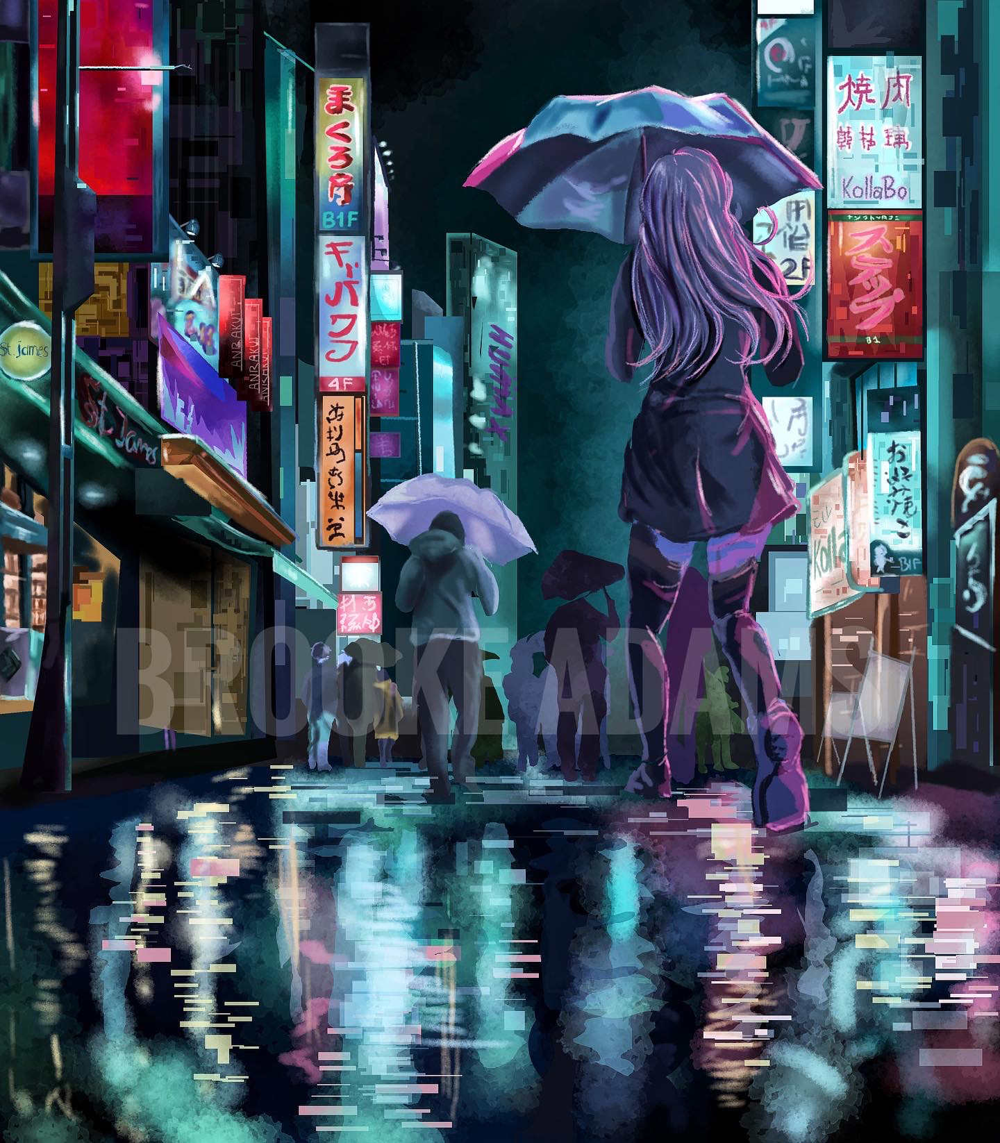 Drawing of people in a city on a rainy day