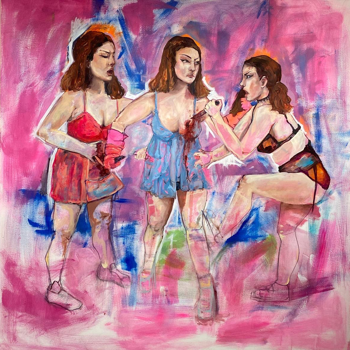 Painting of three people in lingerie with an abstract background