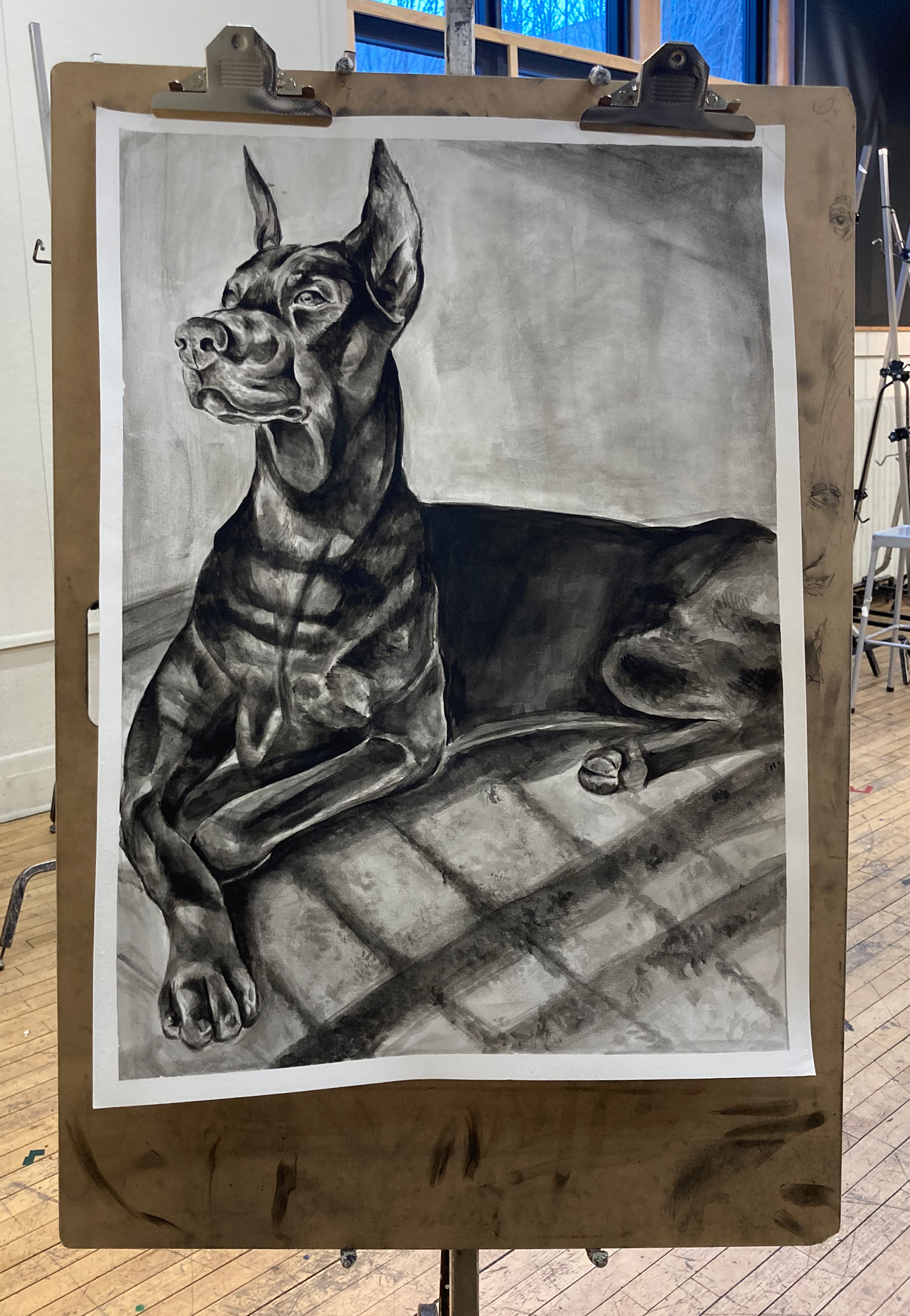 Drawing of a dog; breed appears to be a doberman
