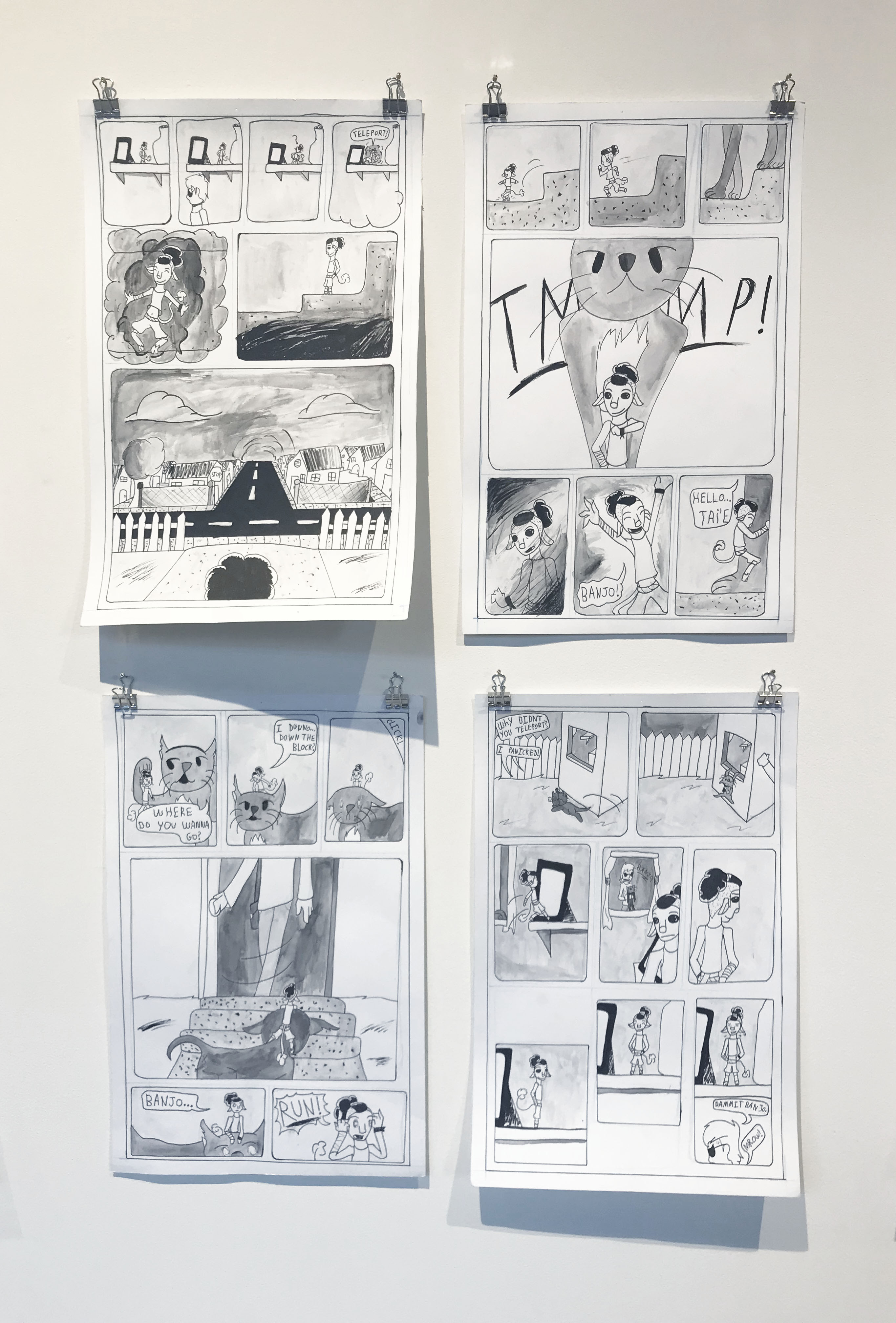 Four pen and ink drawings presented in a grid. All images are in black and white and depict comic cells.