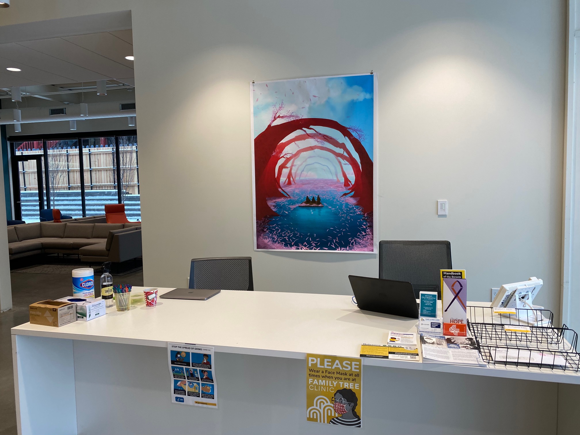 Family Tree Clinic Reception Area Featuring Flex Vang's Illustration