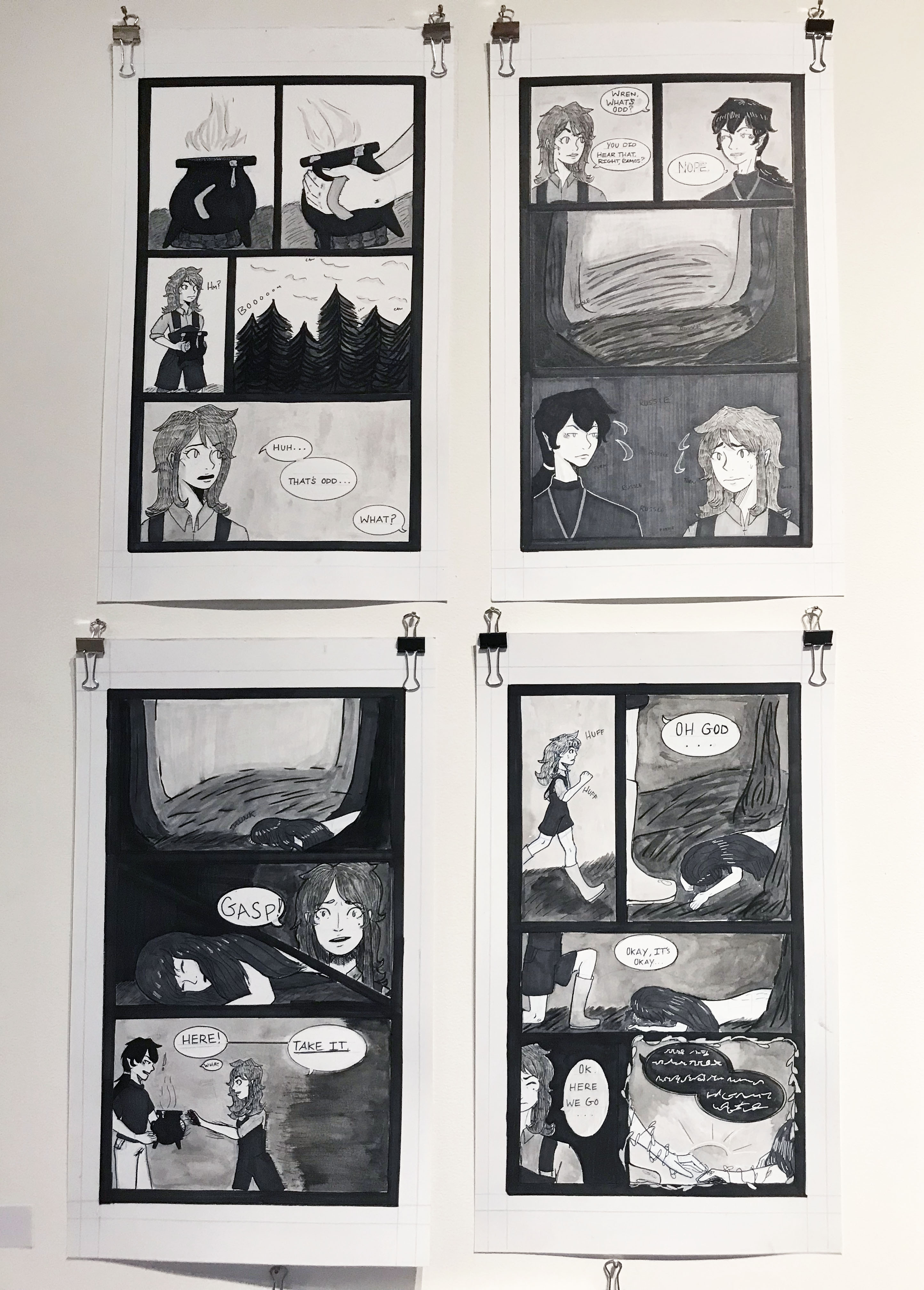 Four pen and ink drawings presented in a grid. All images are in black and white and depict comic cells.