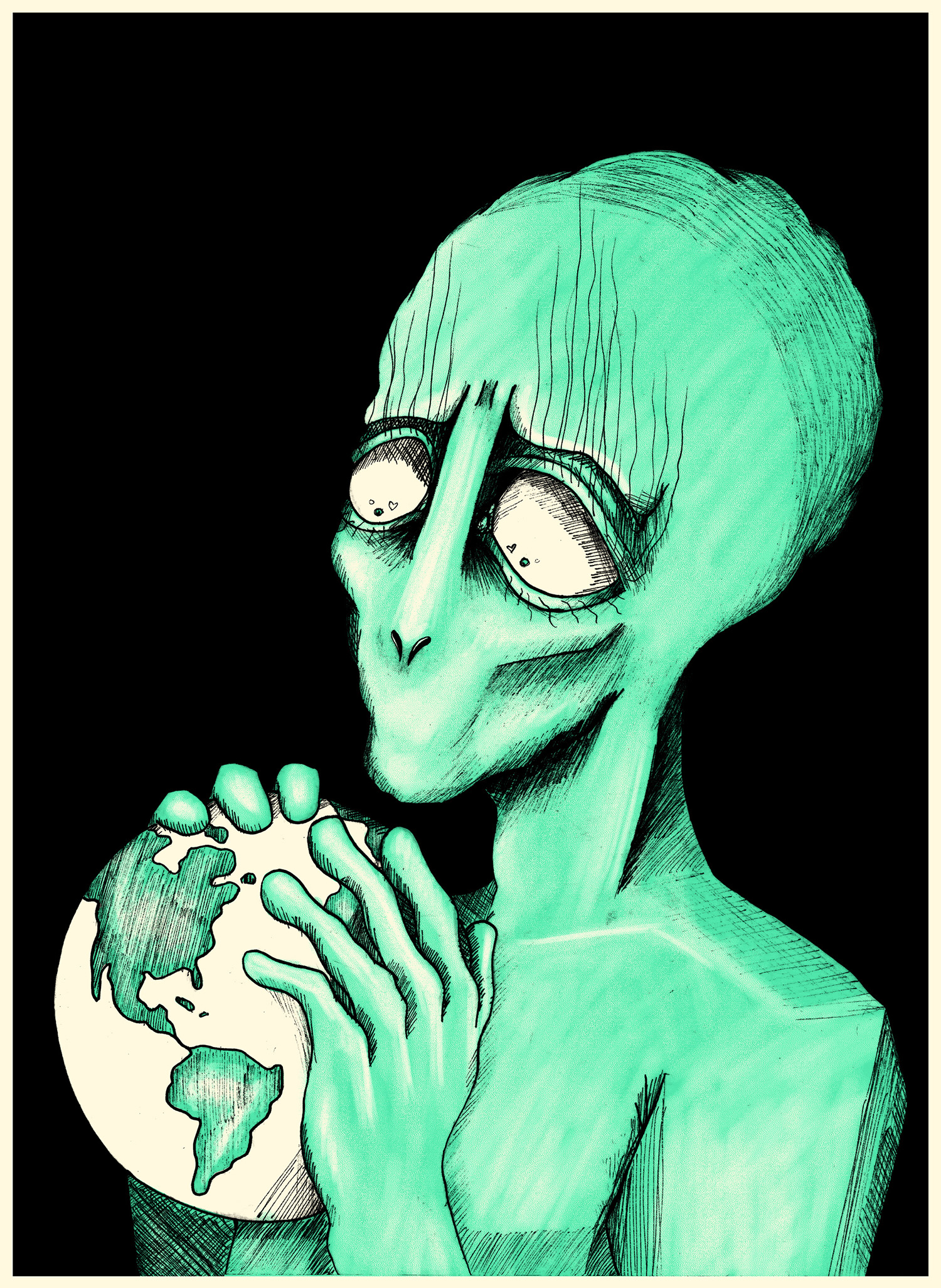 A close up of a green alien holding the earth in its hands and looking concerned. Alien figure is on a black background.
