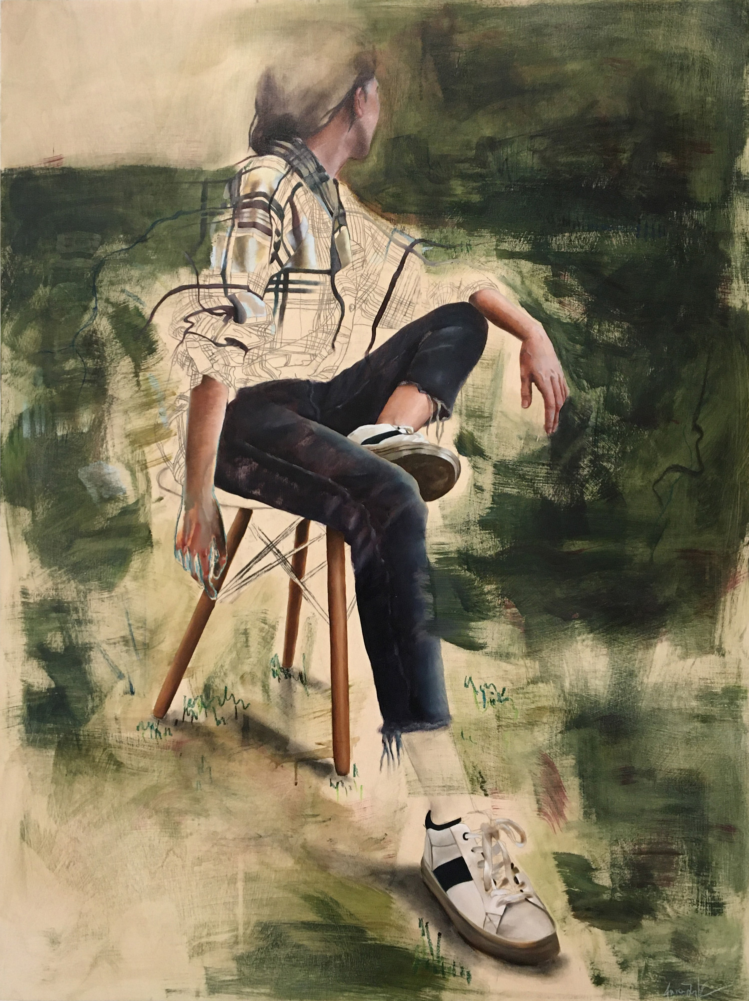 Painting of a person sitting on a chair in a field