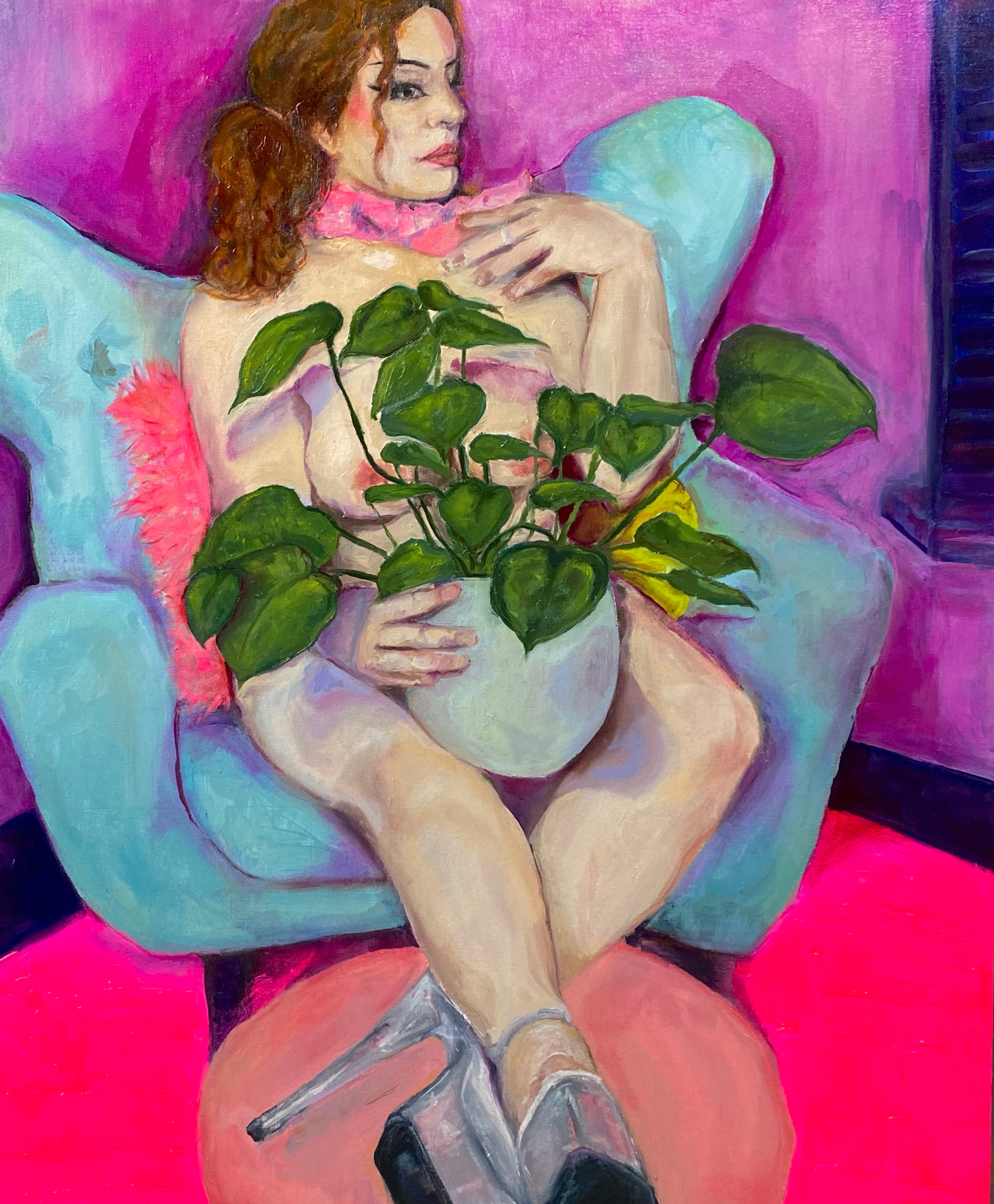 Painting of a person sitting in a chair holding a plant