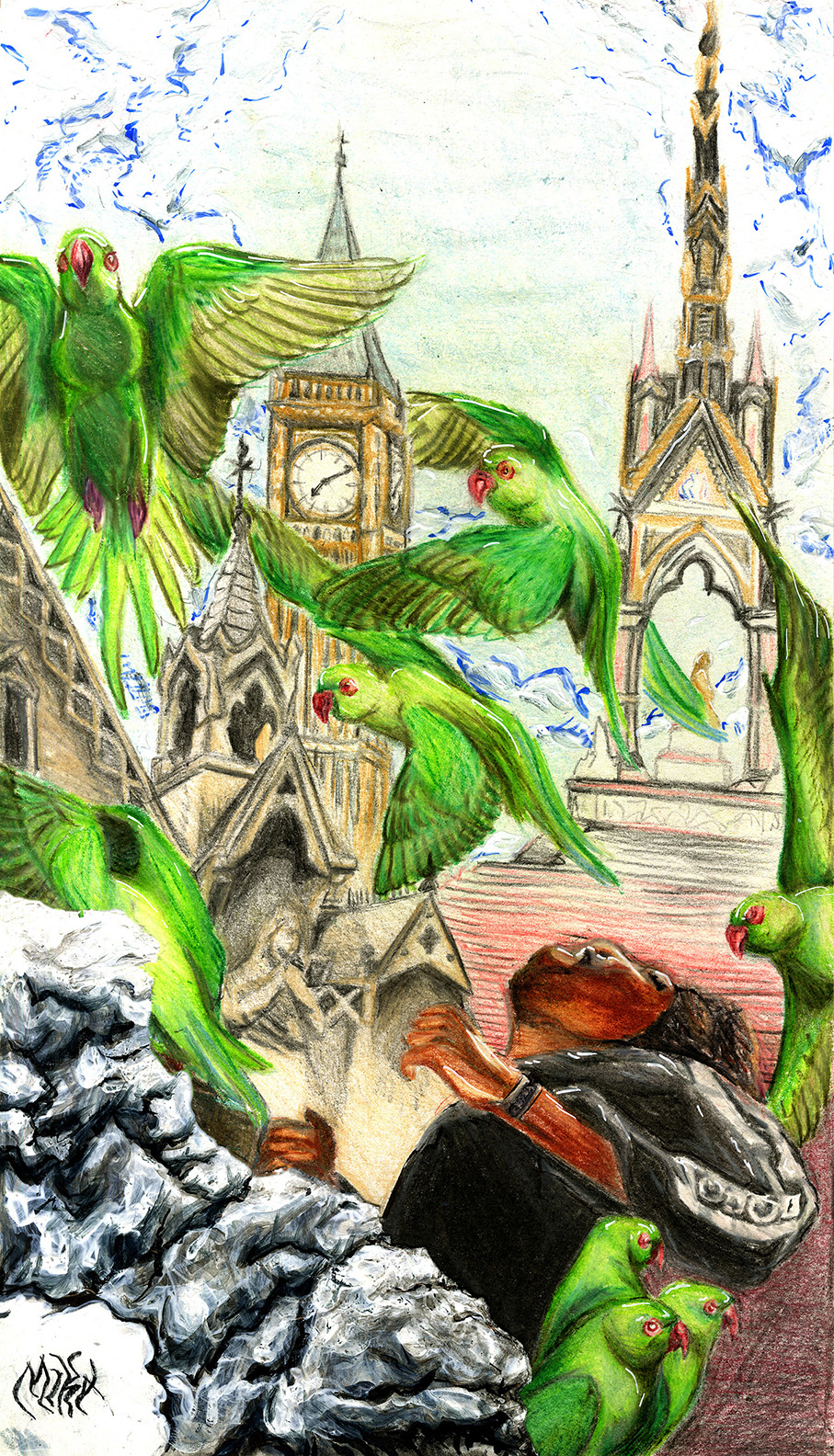 Hand drawn image in colored pencil showing historical buildings with green parrots flying in different directions in front. A figure is seen on the lower right and they seem as if they are falling backward into the scene.