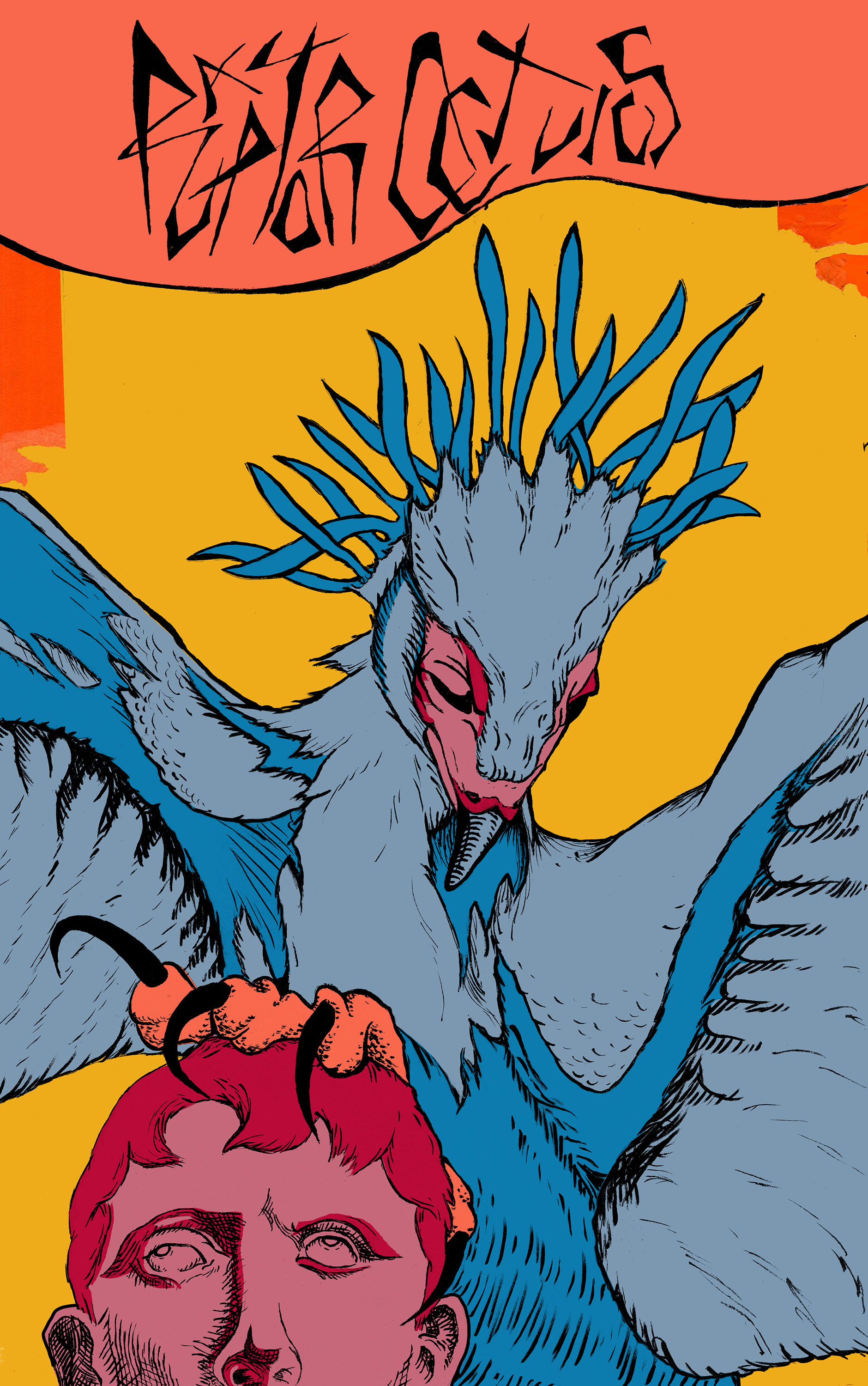 Colorful poster depicting a large bird of prey in blue with its talons gripping a pink head. Abstract writing is at the top of the poster. 