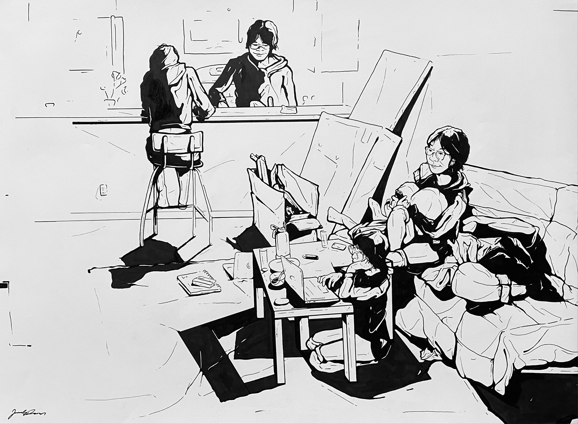 Drawing of a person sitting and interacting in different areas of a space