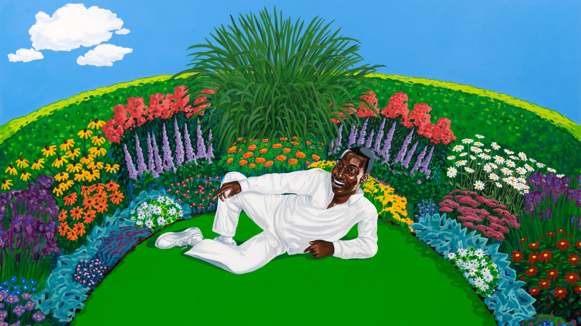 Painting of a man laying in the middle of a garden