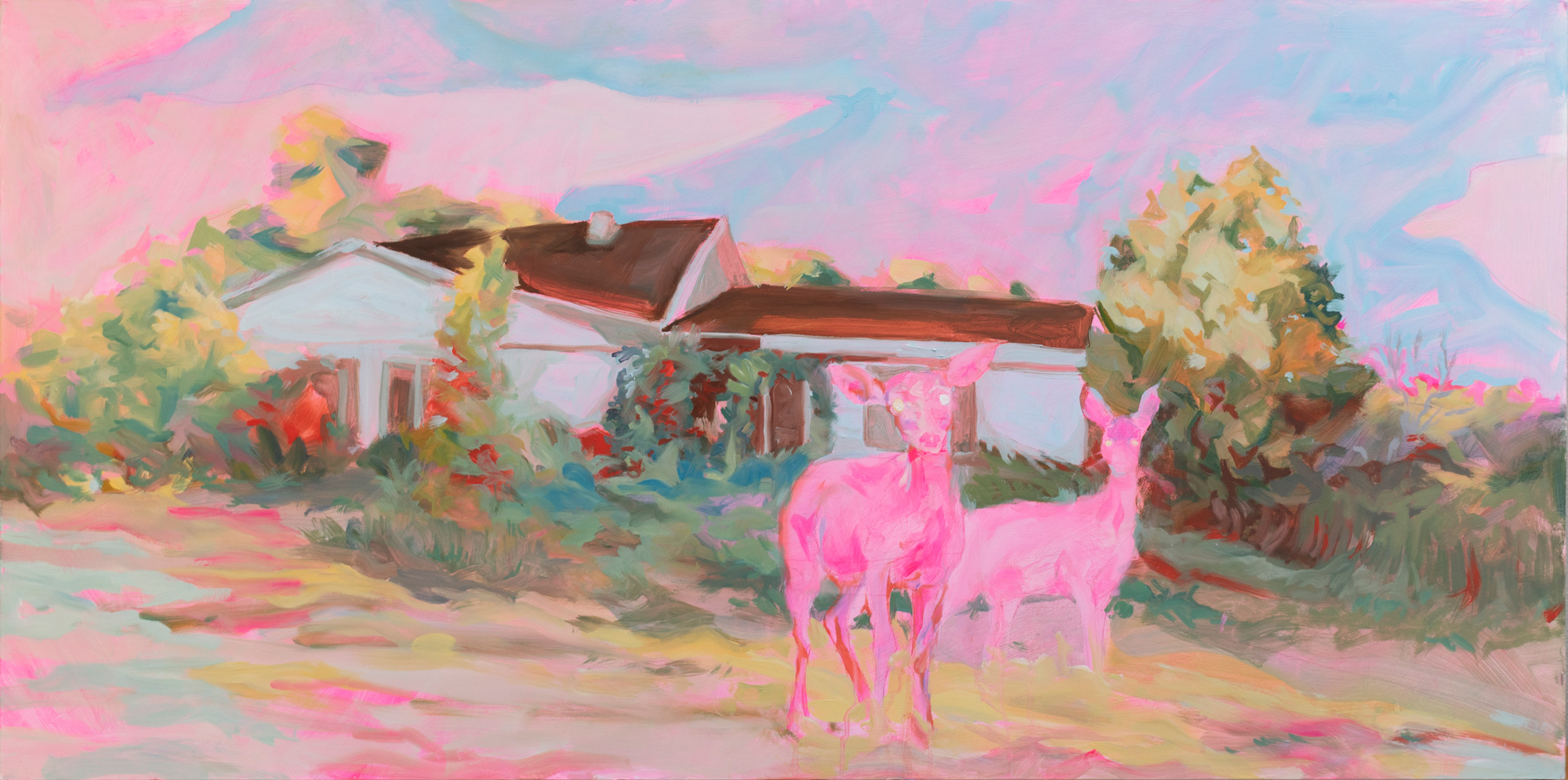 Painting of a pink deer in a field