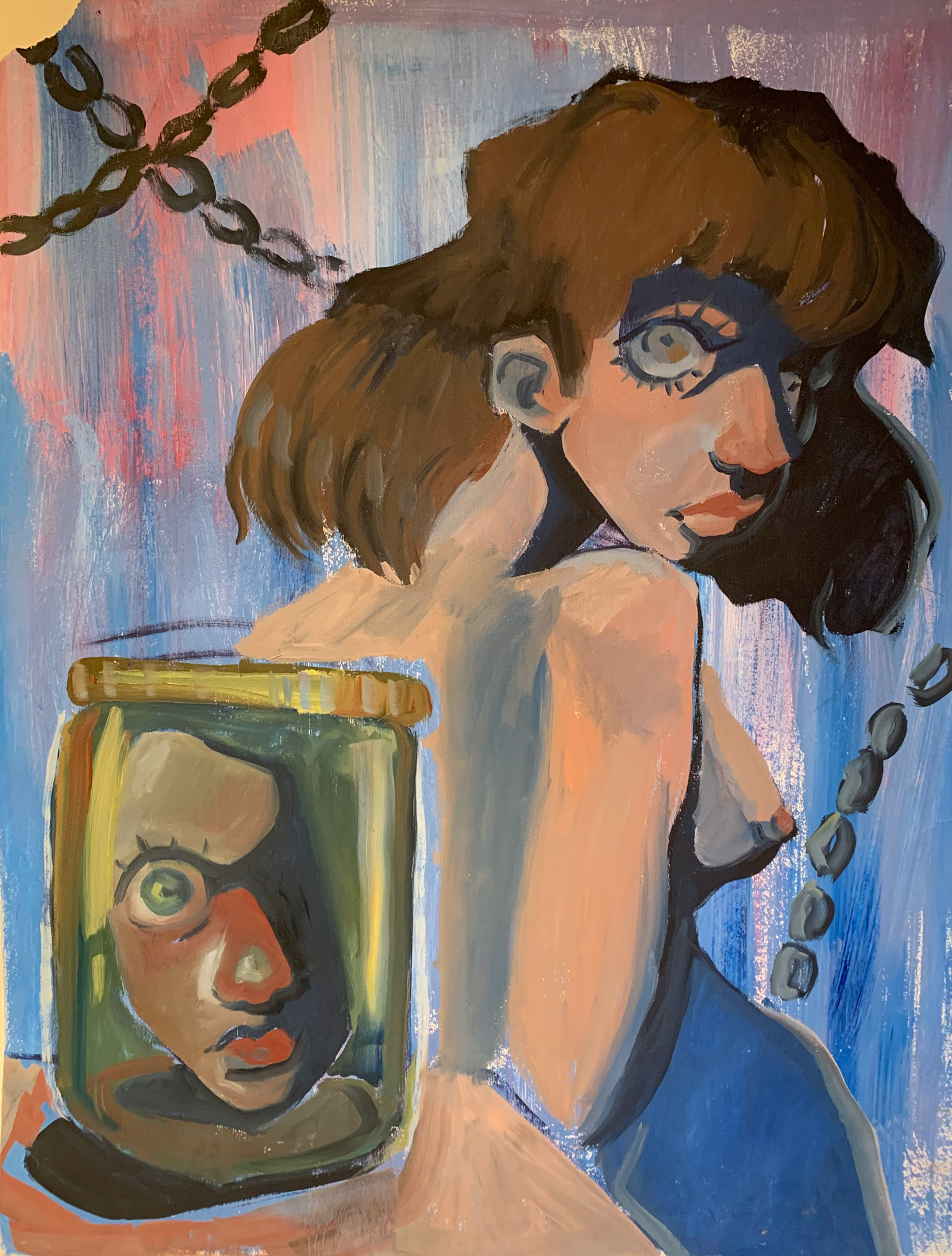 Abstract portrait painting with a person and a jar with their face in it