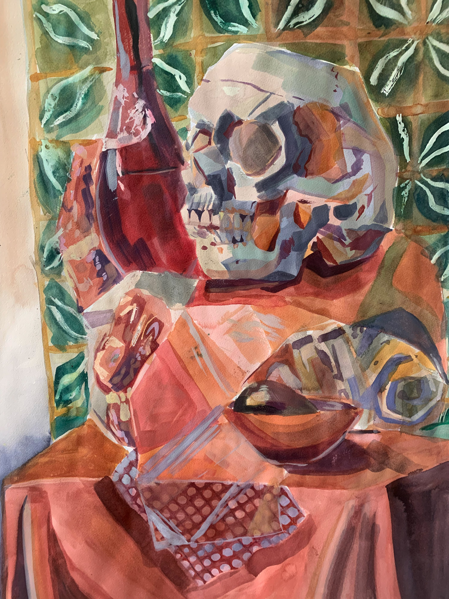 Still life painting with a skull and bowl on a table