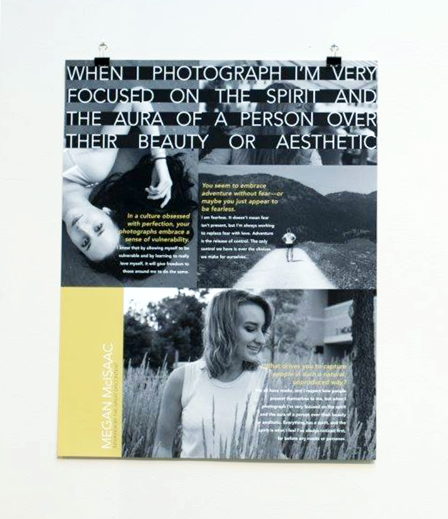 Graphic design student work in black and white with yellow accents. Large text reads when I photograph I'm very focused on the spirit and the aura of a person over their beauty or aesthetic.
