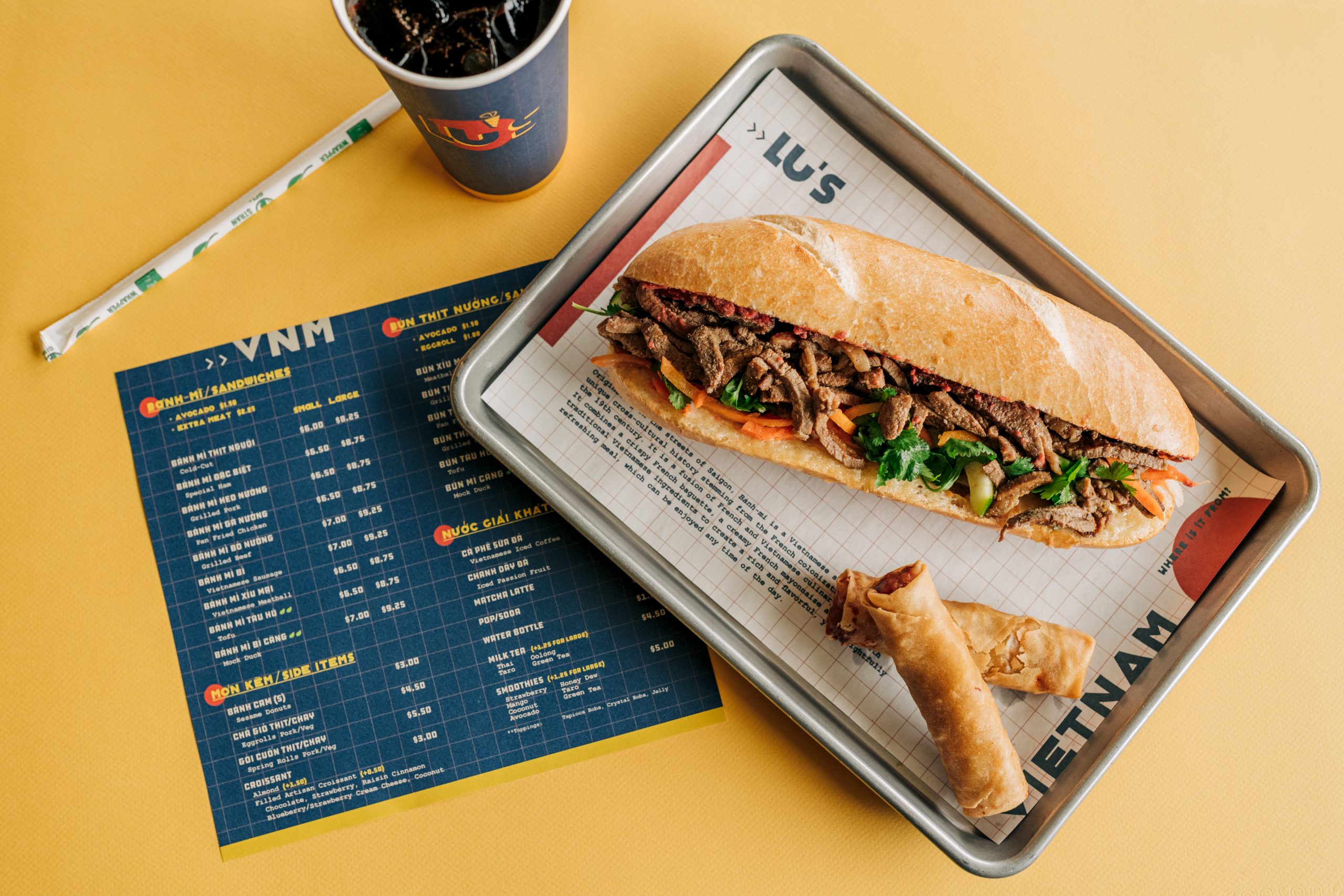 A top down view of a table at Lu's Sandwiches.