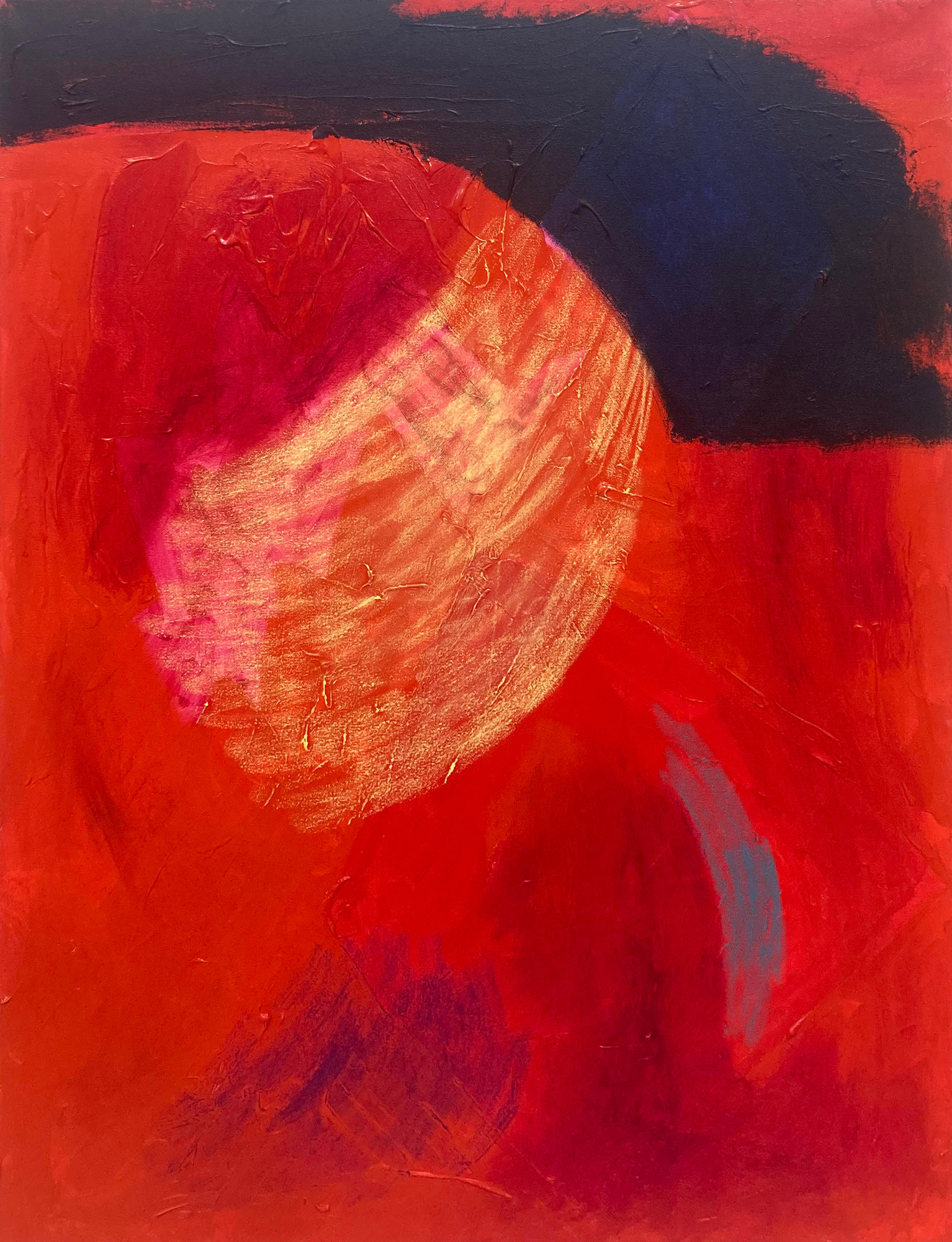 Abstract painting consisting of mostly red with some yellow and blue strokes