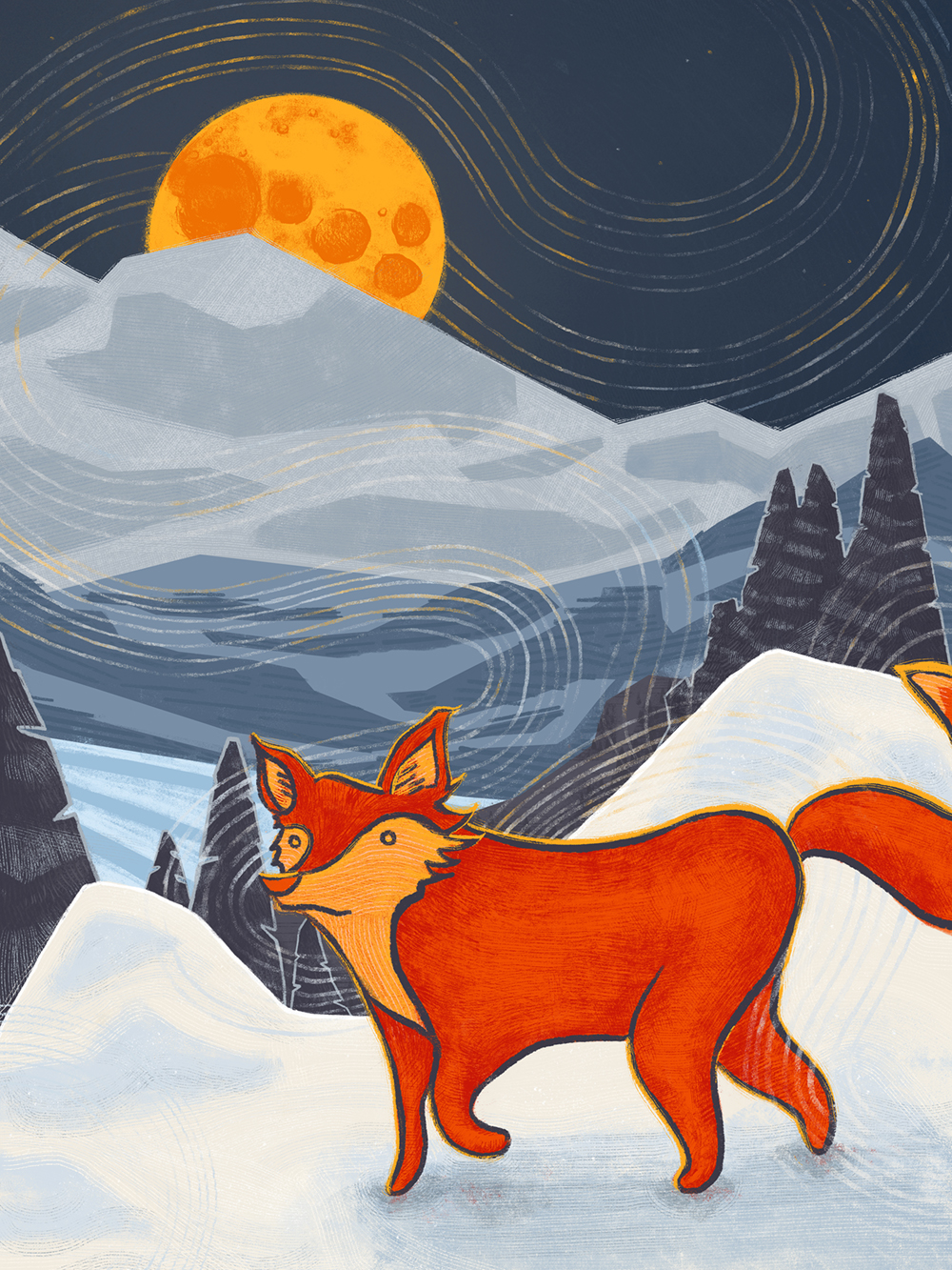 Illustration of a fox in a wintery scene