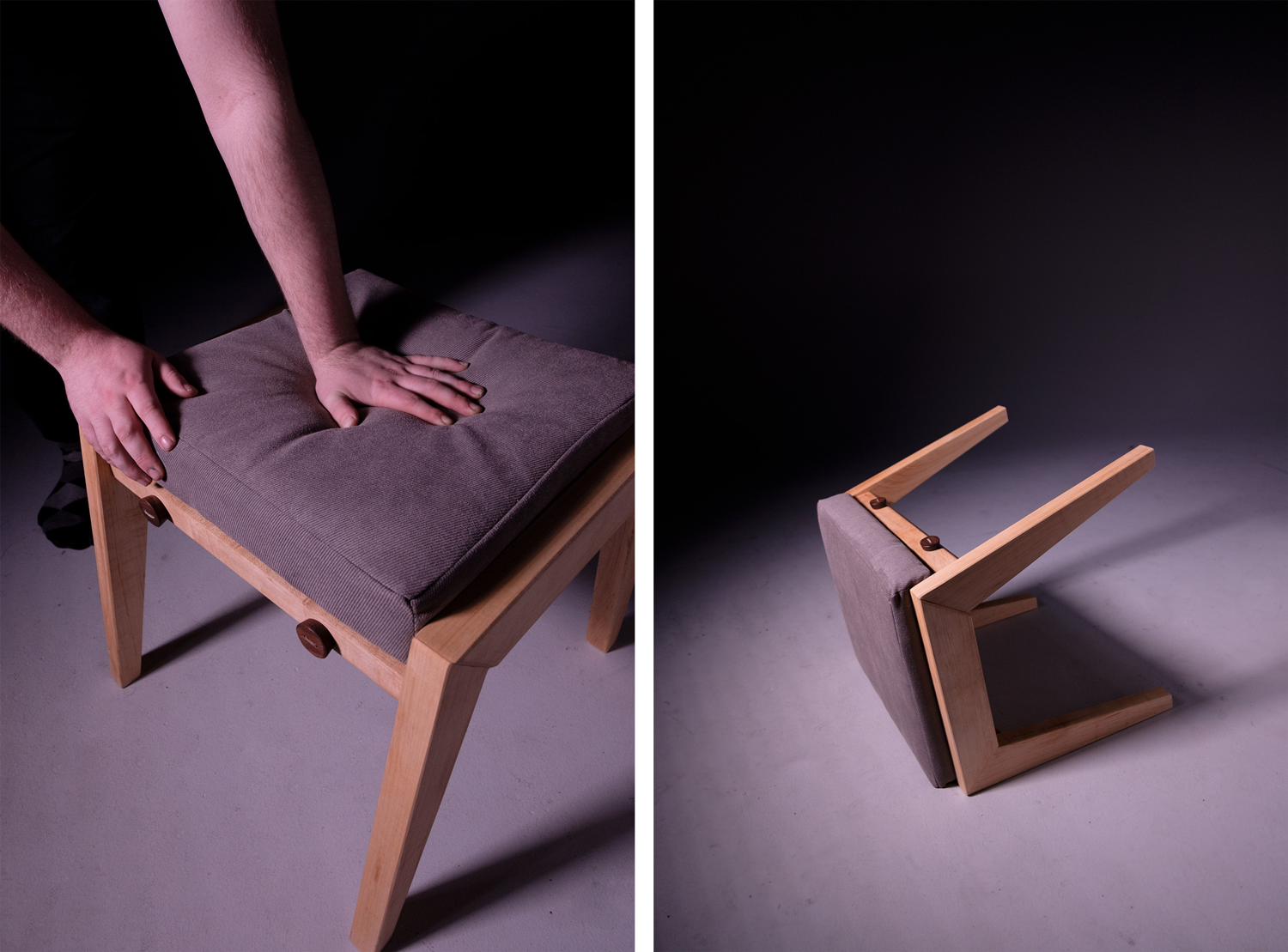 A stool from two angles, made of wood and fabric