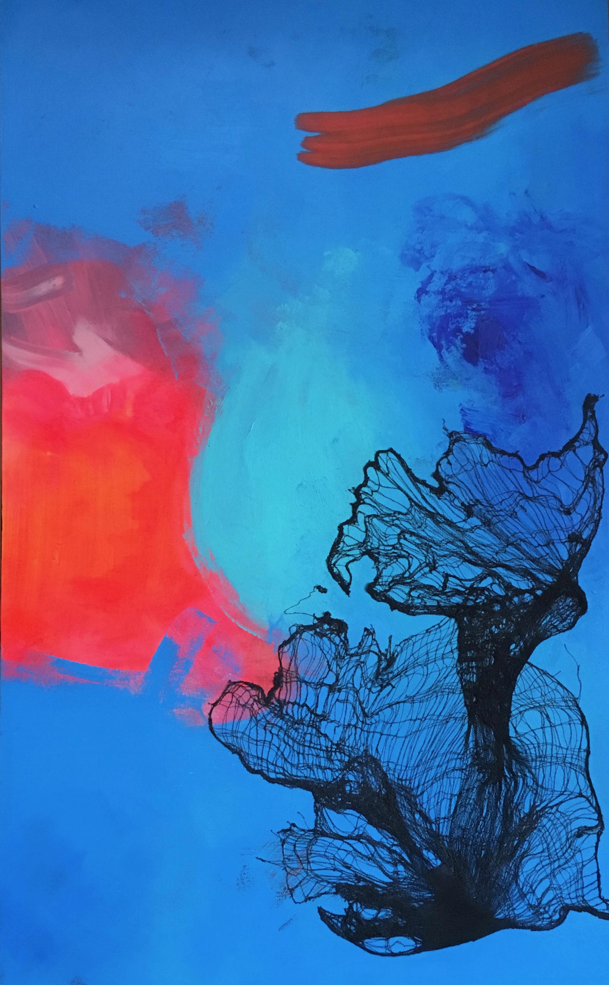 Painting of red, blue, and a silhouette accent by Janie Arguedas.
