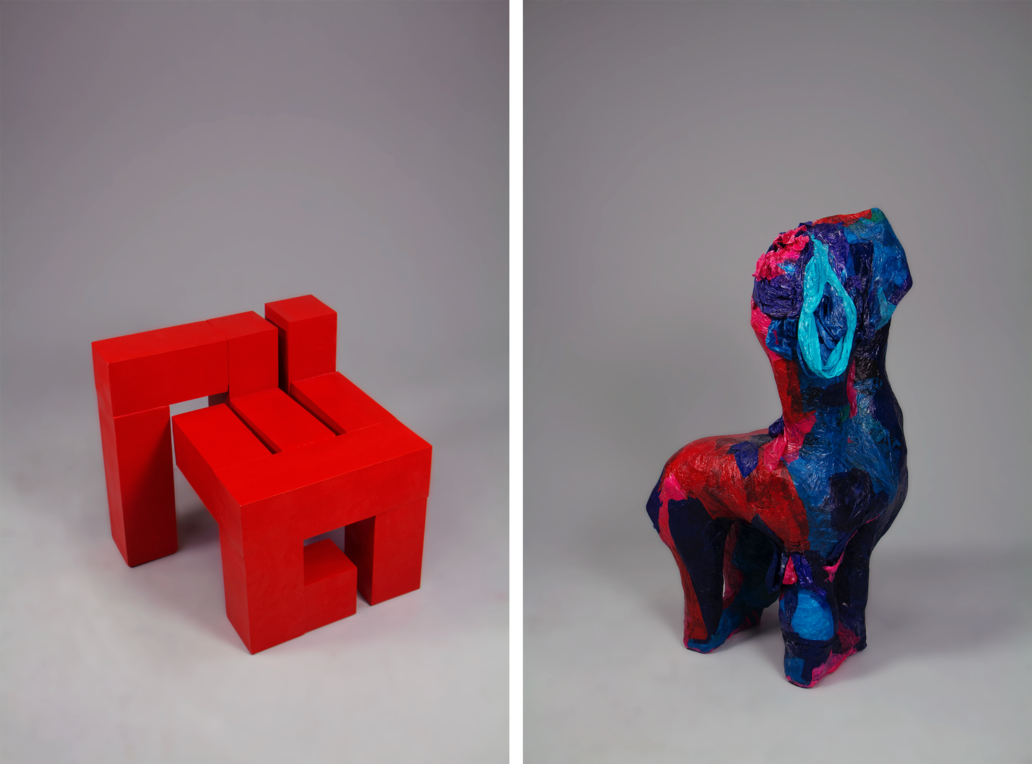 Two pieces by Lydia: Left, and abstract red stool; right: a sculpture of a lamb
