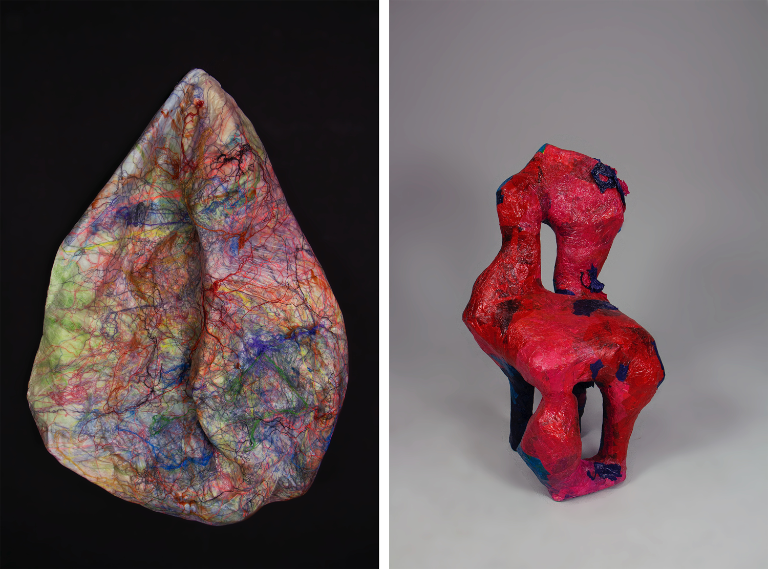 Two pieces by Lydia: left, a colorful abstract sculpture; right, an abstract shaped chair