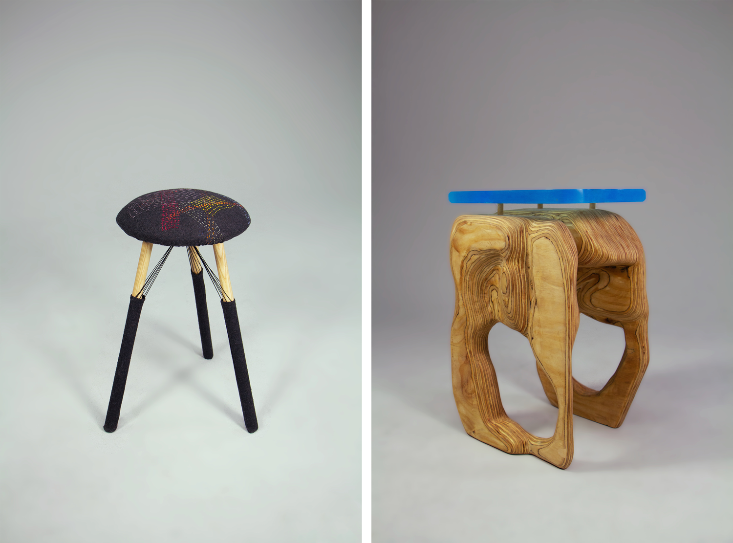 Two chairs by Lydia: left, stool with embroidered seat; right, wood abstract stool with clear blue seat