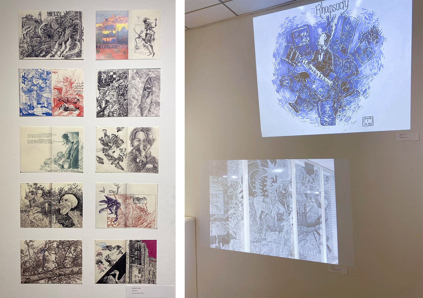 Photos of Max Paulin's installed work; left: several drawings; right: projections