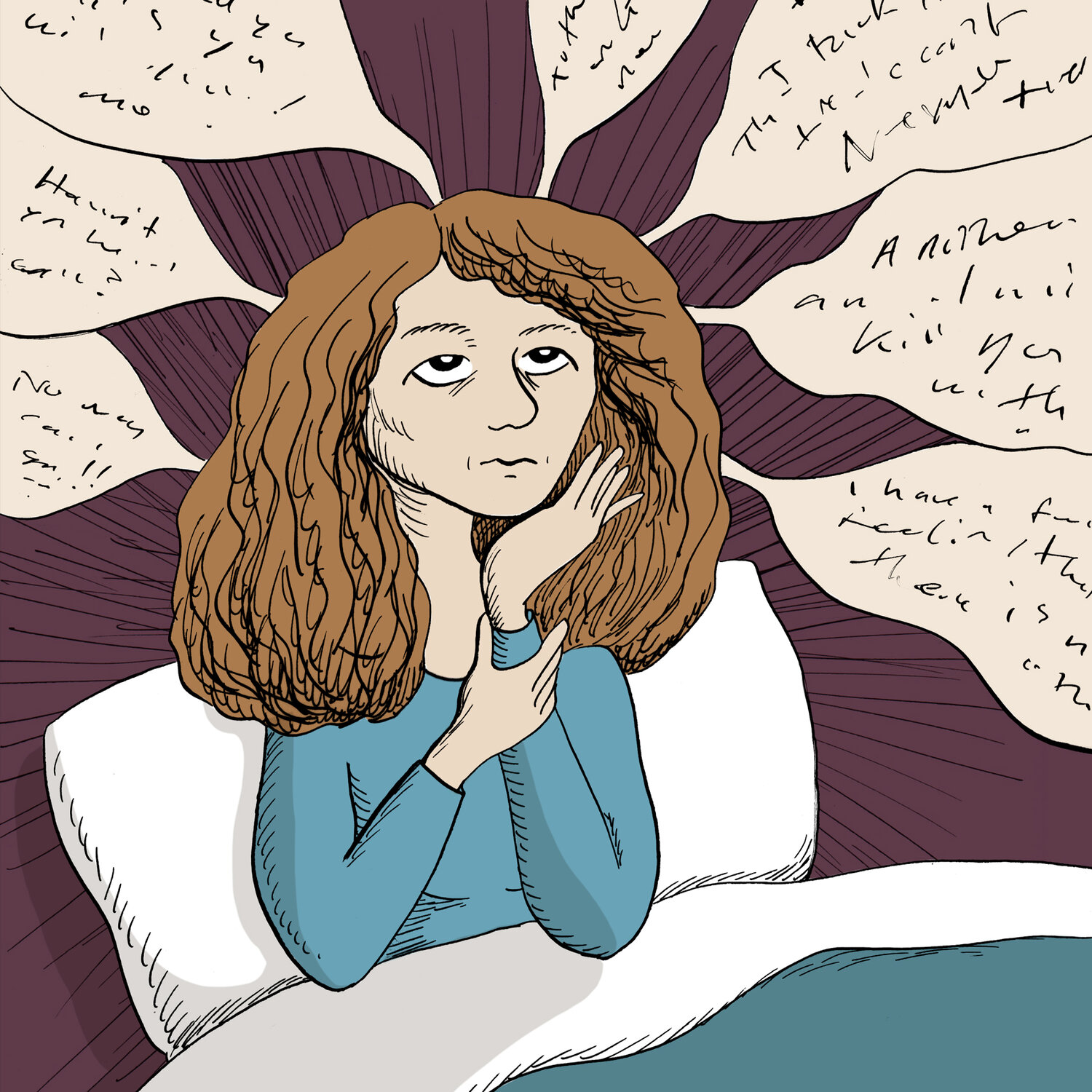 Illustration of figure surrounded by their own thoughts.