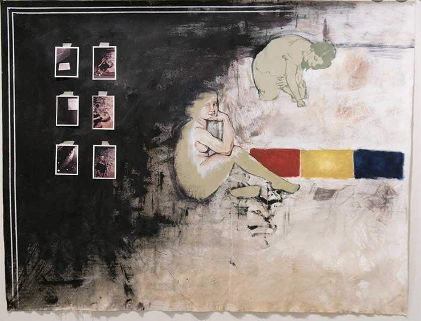 Painting abstract student work featuring a background divided diagonally with black on the top/left and a cream color on the bottom/right. Two figures are drawing into the white space with six small images in the black space.