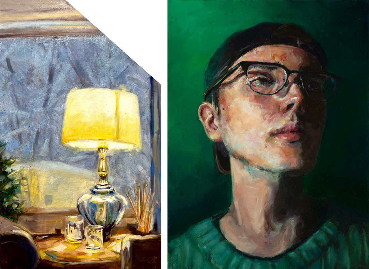 Two paintings by Sally Carr; Left: a painting of a lamp; right: a portrait of a person wearing a baseball cap